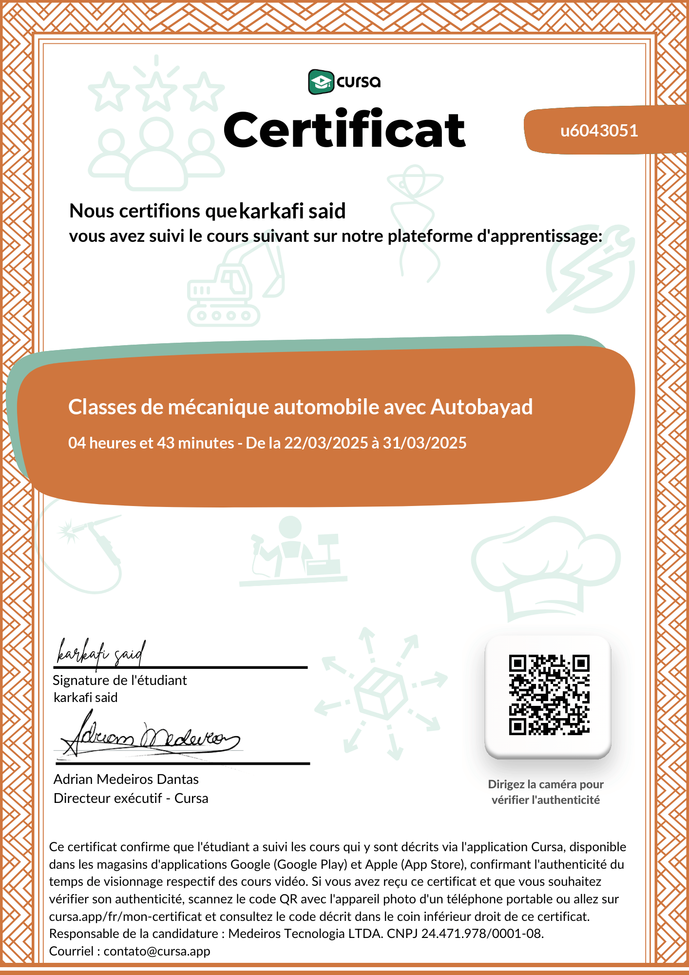 Image de mon certificat de fin de cours gratuit.