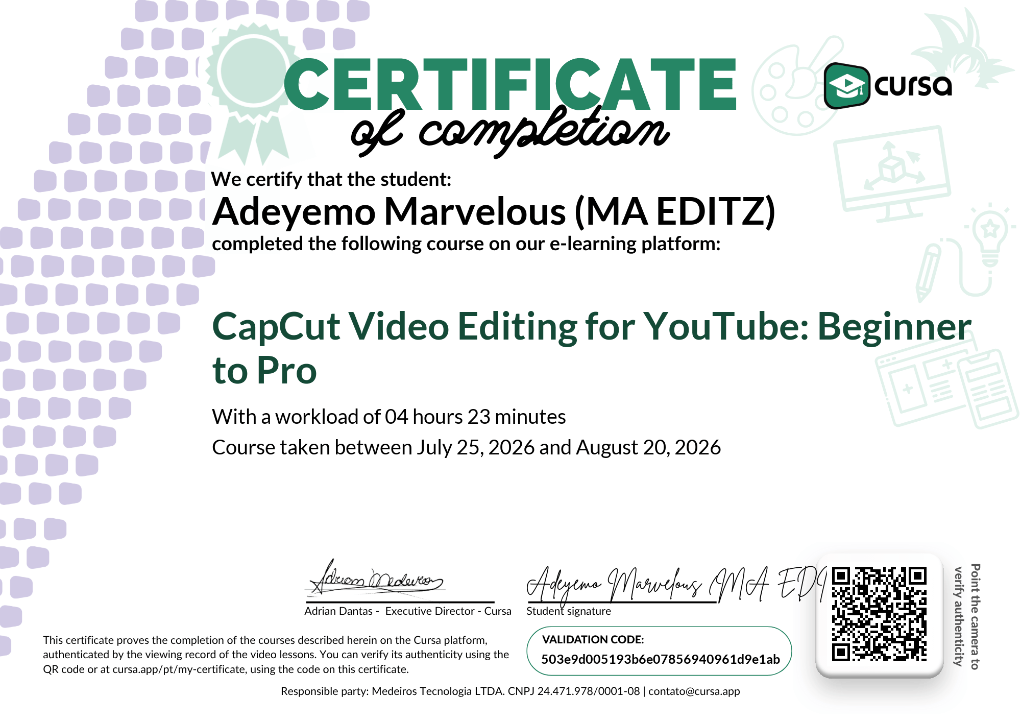 Image of my free Course Completion Certificate.