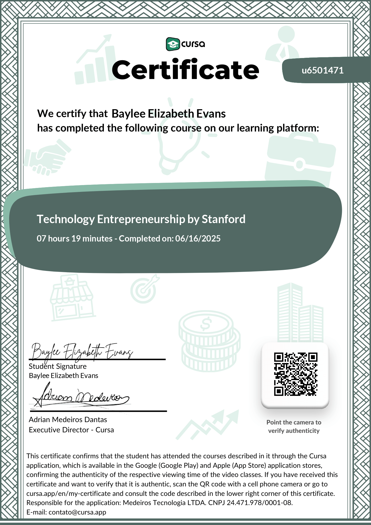 Image of my free Course Completion Certificate.