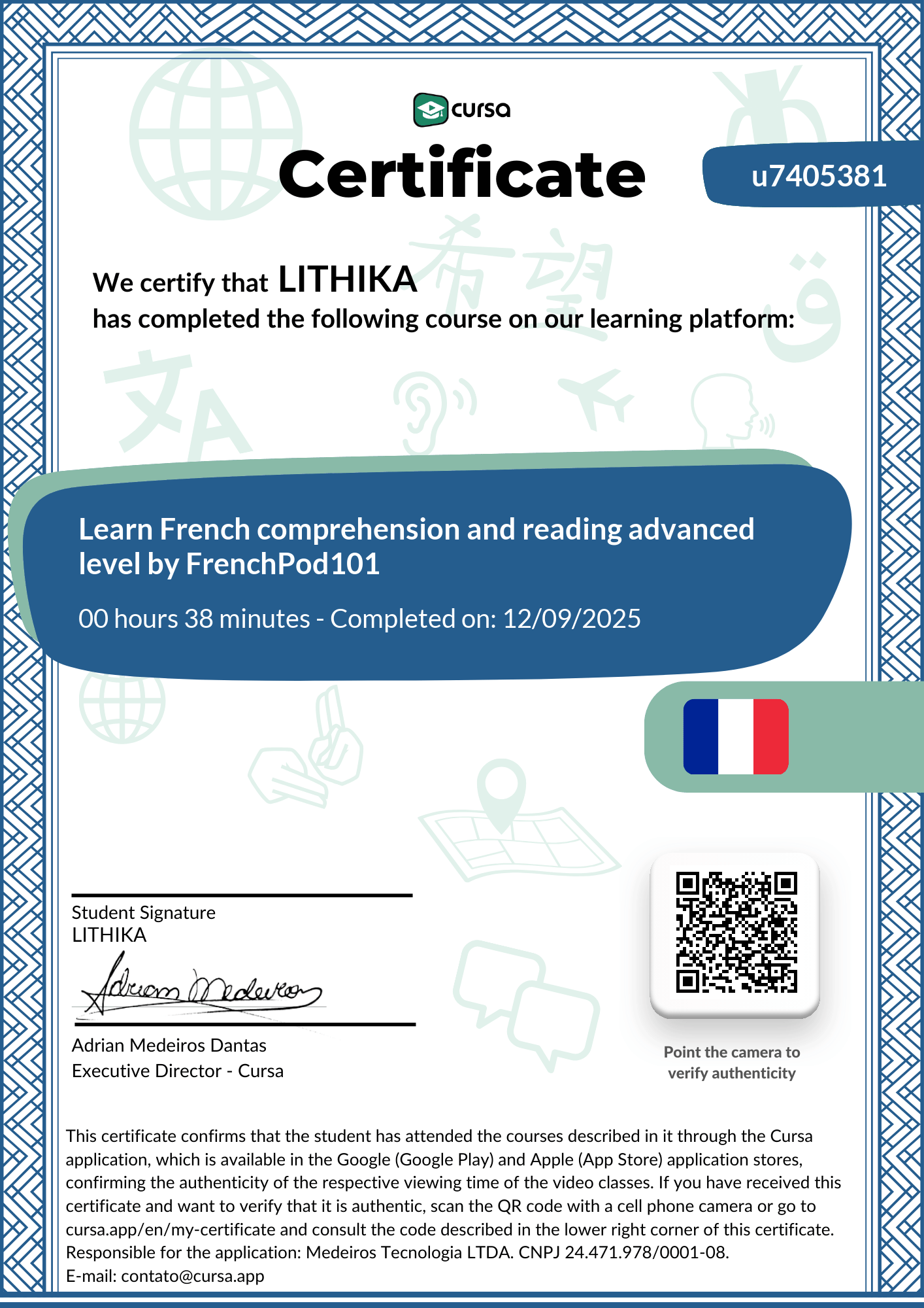 Image of my free Course Completion Certificate.