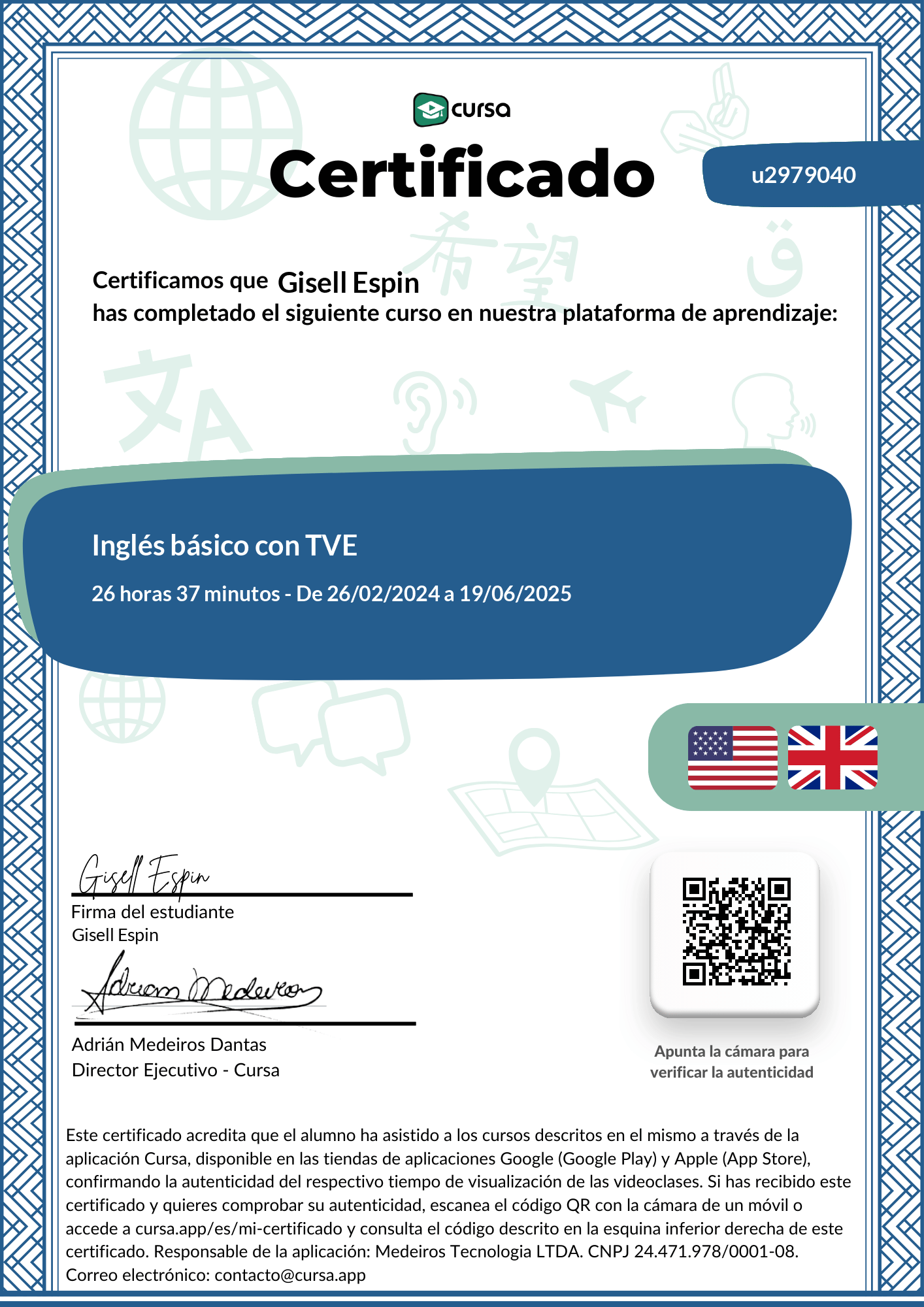 Imagen de mi Certificado de finalización del curso gratuito.