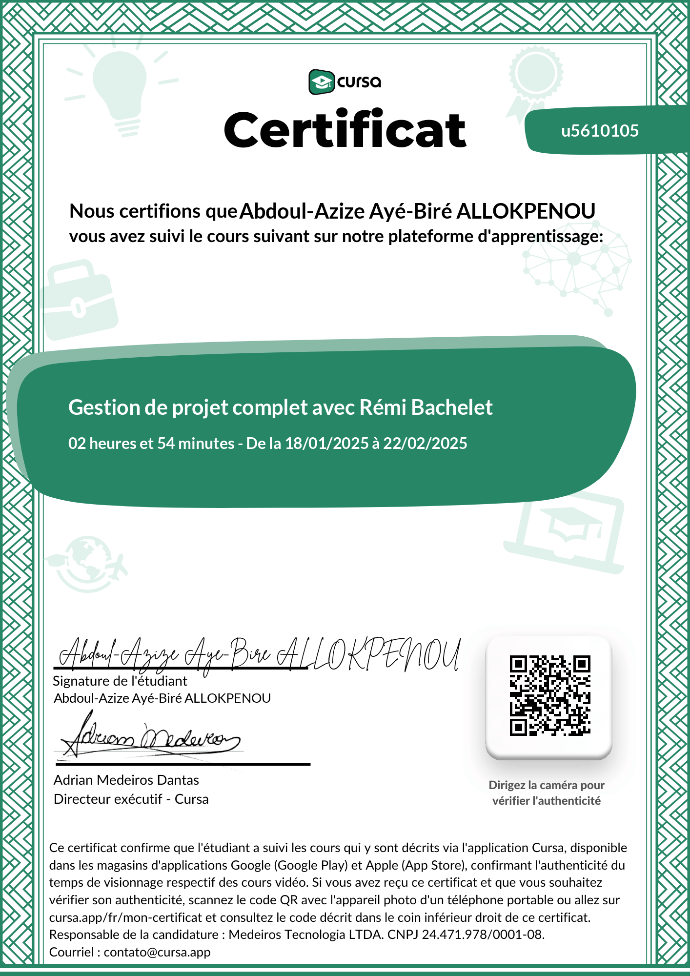 Image de mon certificat de fin de cours gratuit.