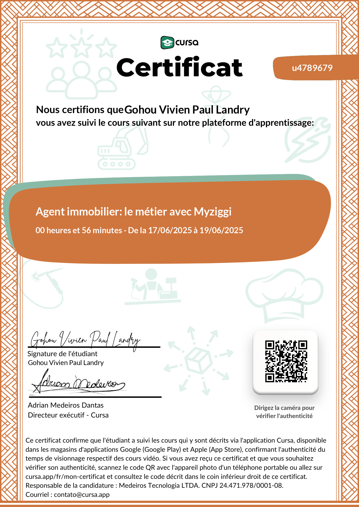 Image de mon certificat de fin de cours gratuit.