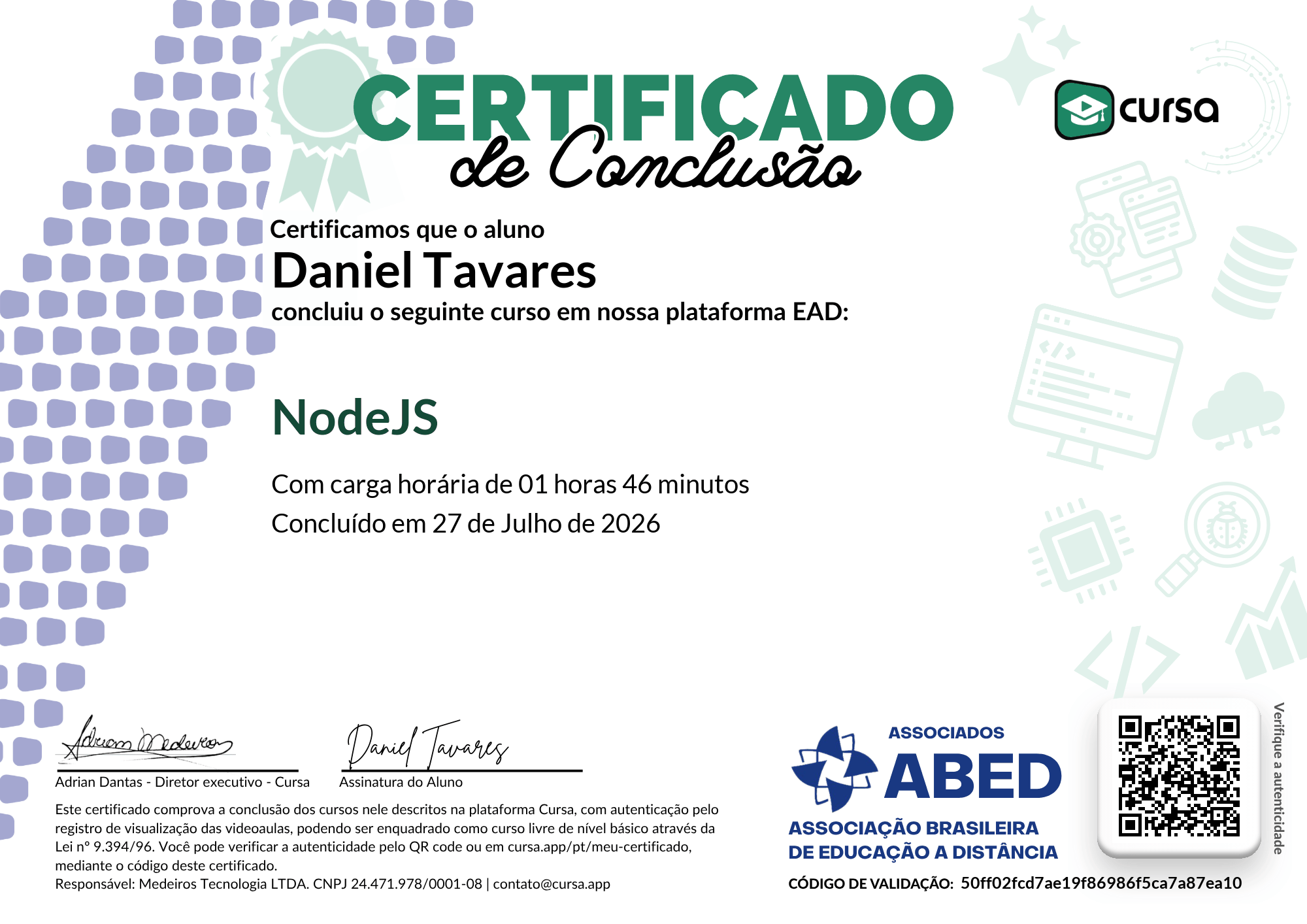 Imagem do meu Certificado gratuito de conclusão de curso.