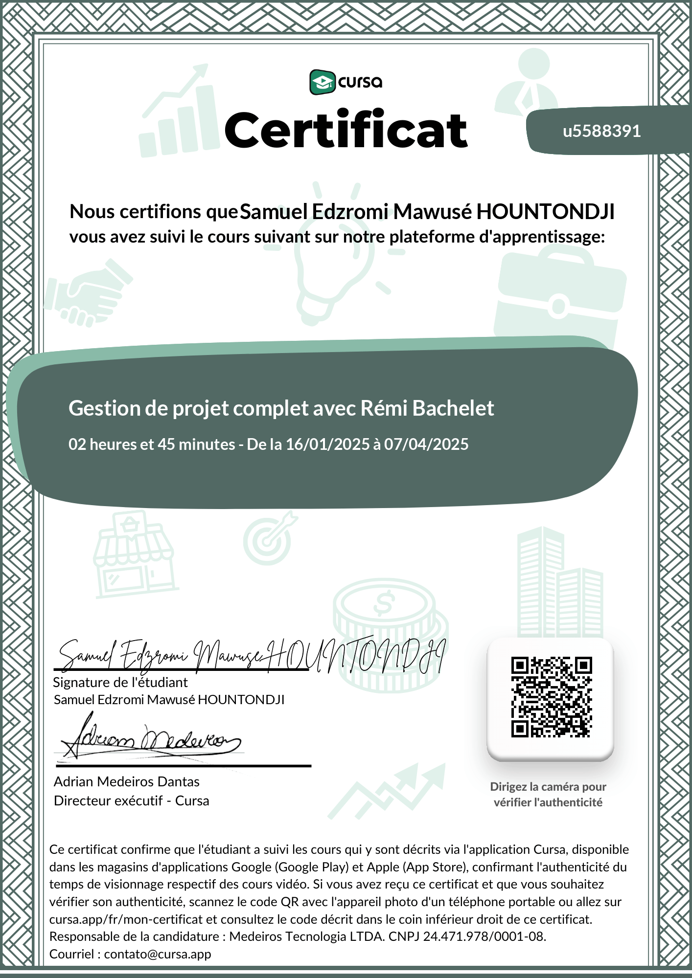 Image de mon certificat de fin de cours gratuit.