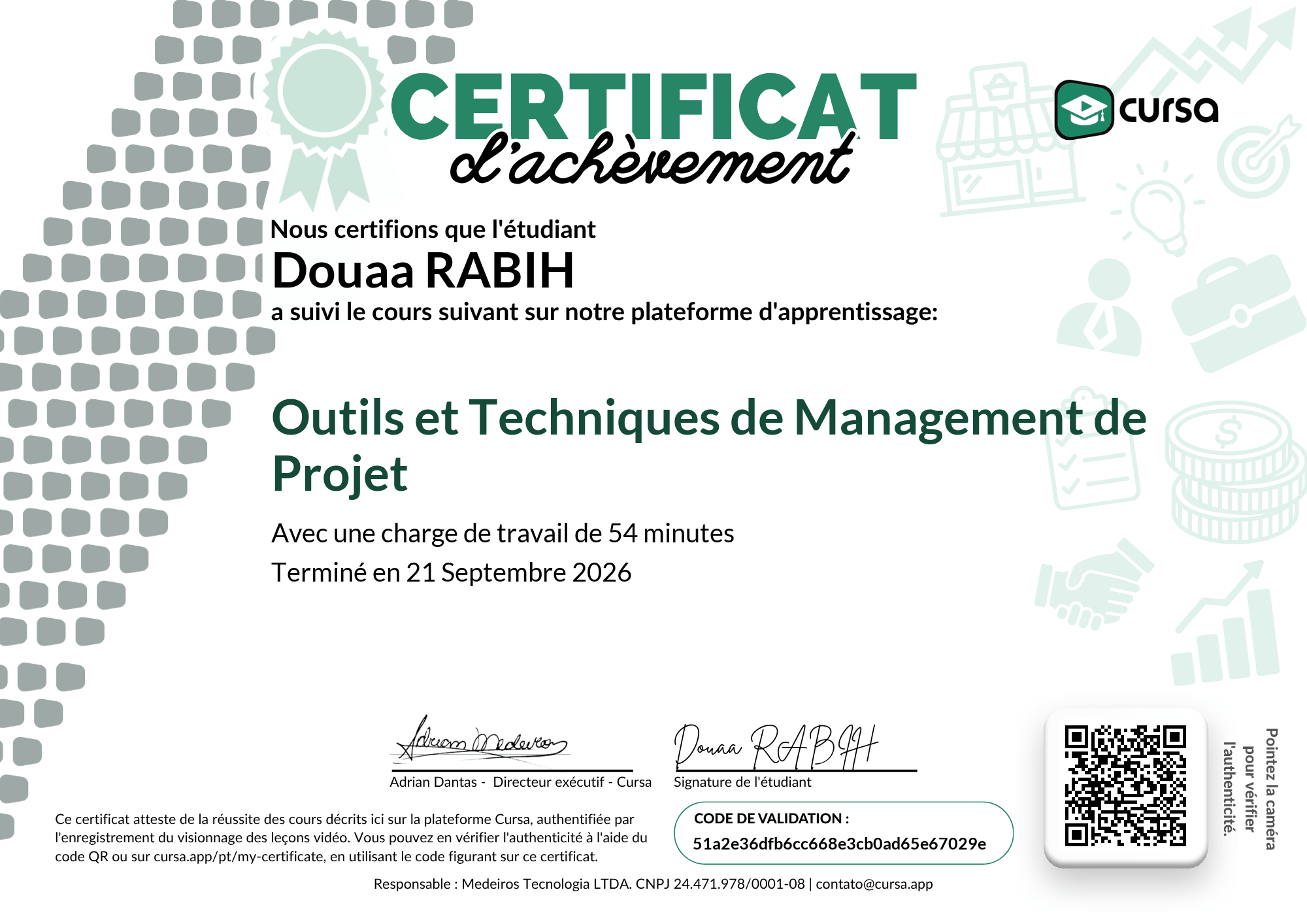Image de mon certificat de fin de cours gratuit.