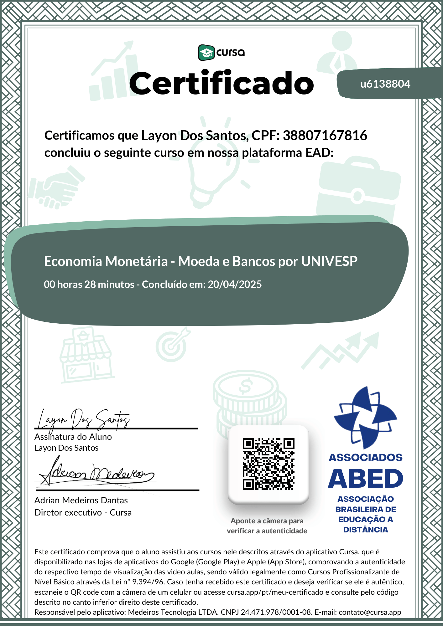 Imagem do meu Certificado gratuito de conclusão de curso.