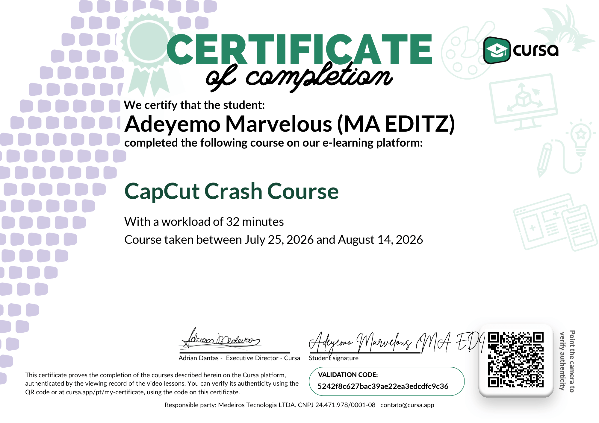 Image of my free Course Completion Certificate.