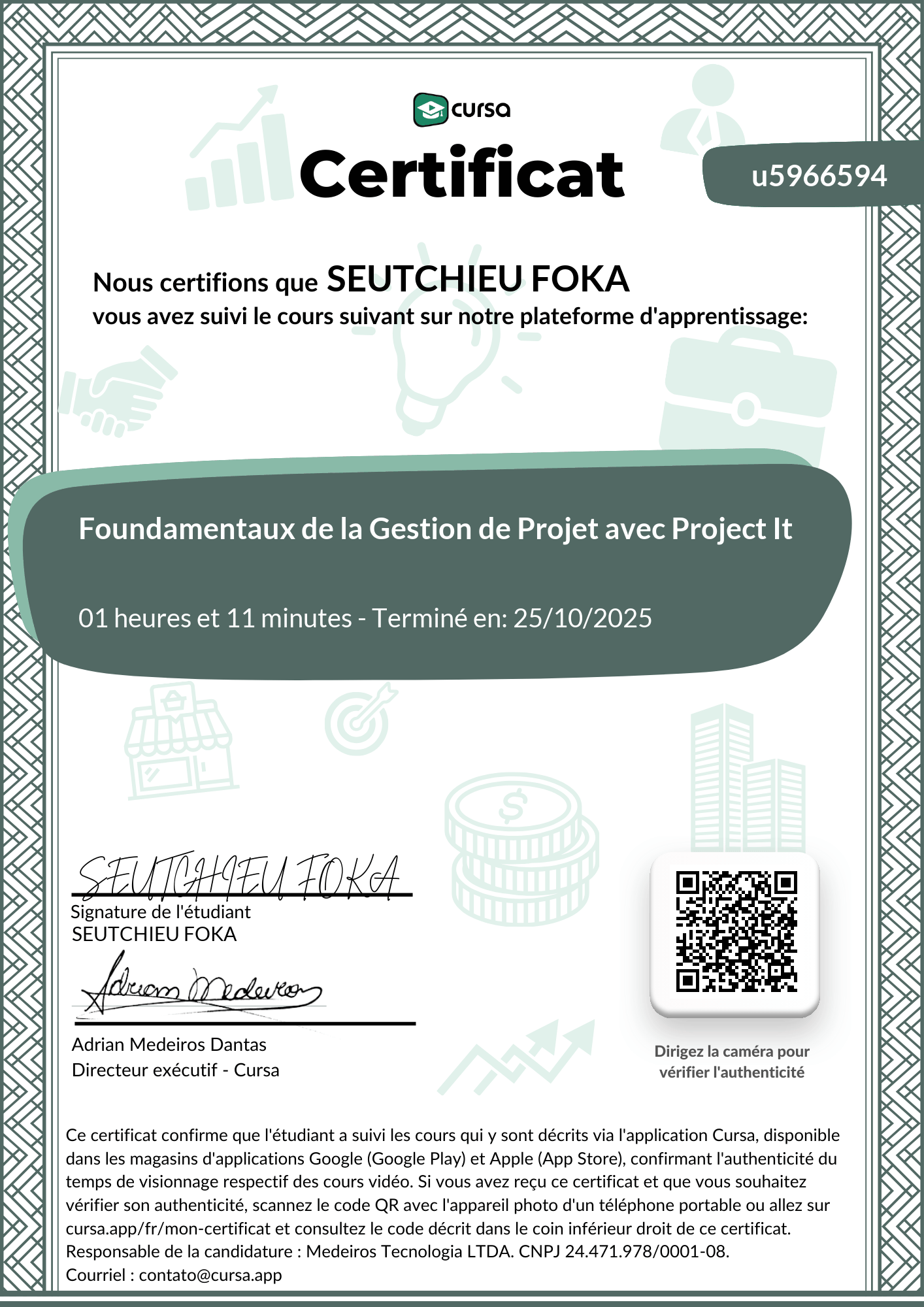 Image de mon certificat de fin de cours gratuit.