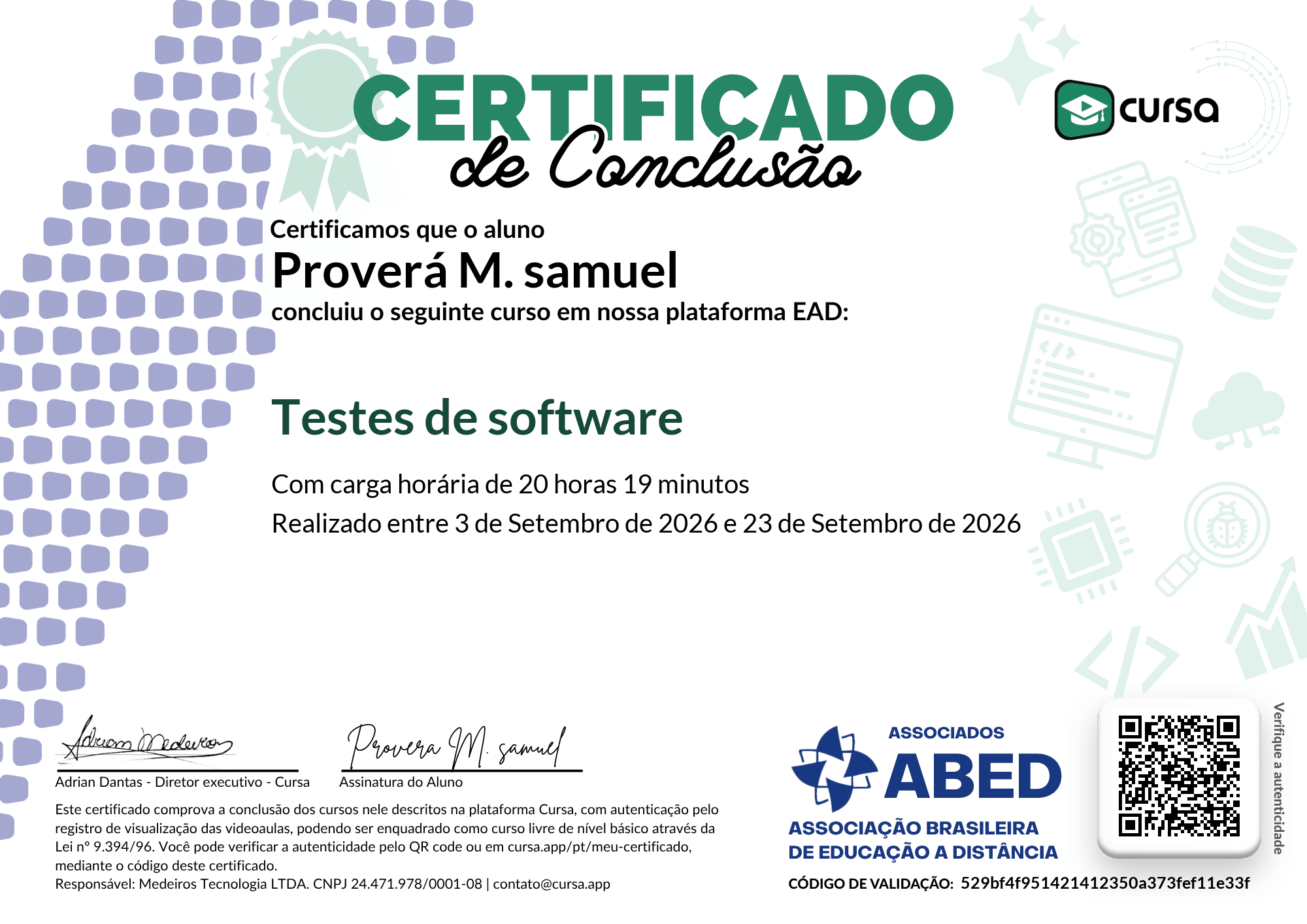 Imagem do meu Certificado gratuito de conclusão de curso.