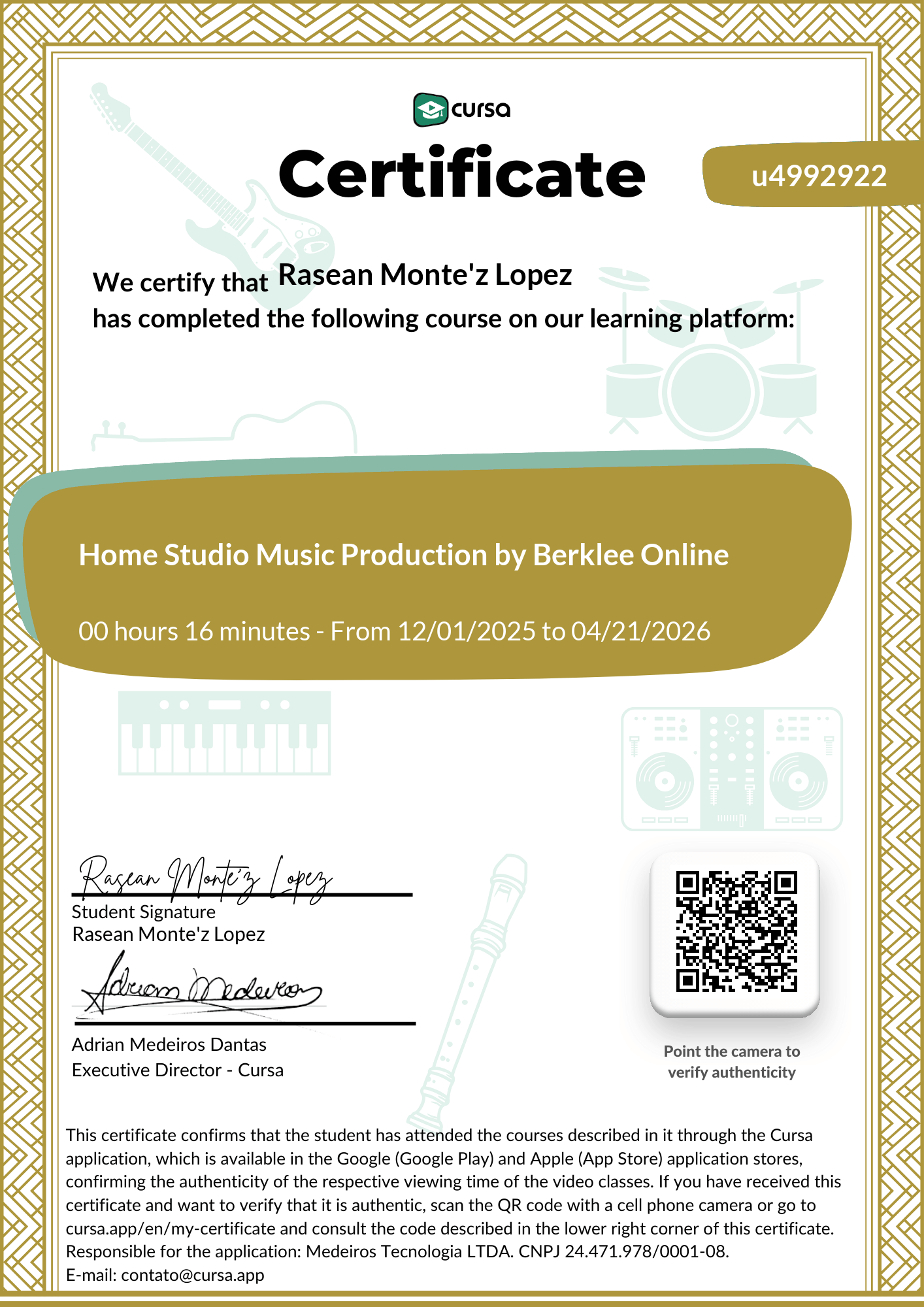 Image of my free Course Completion Certificate.