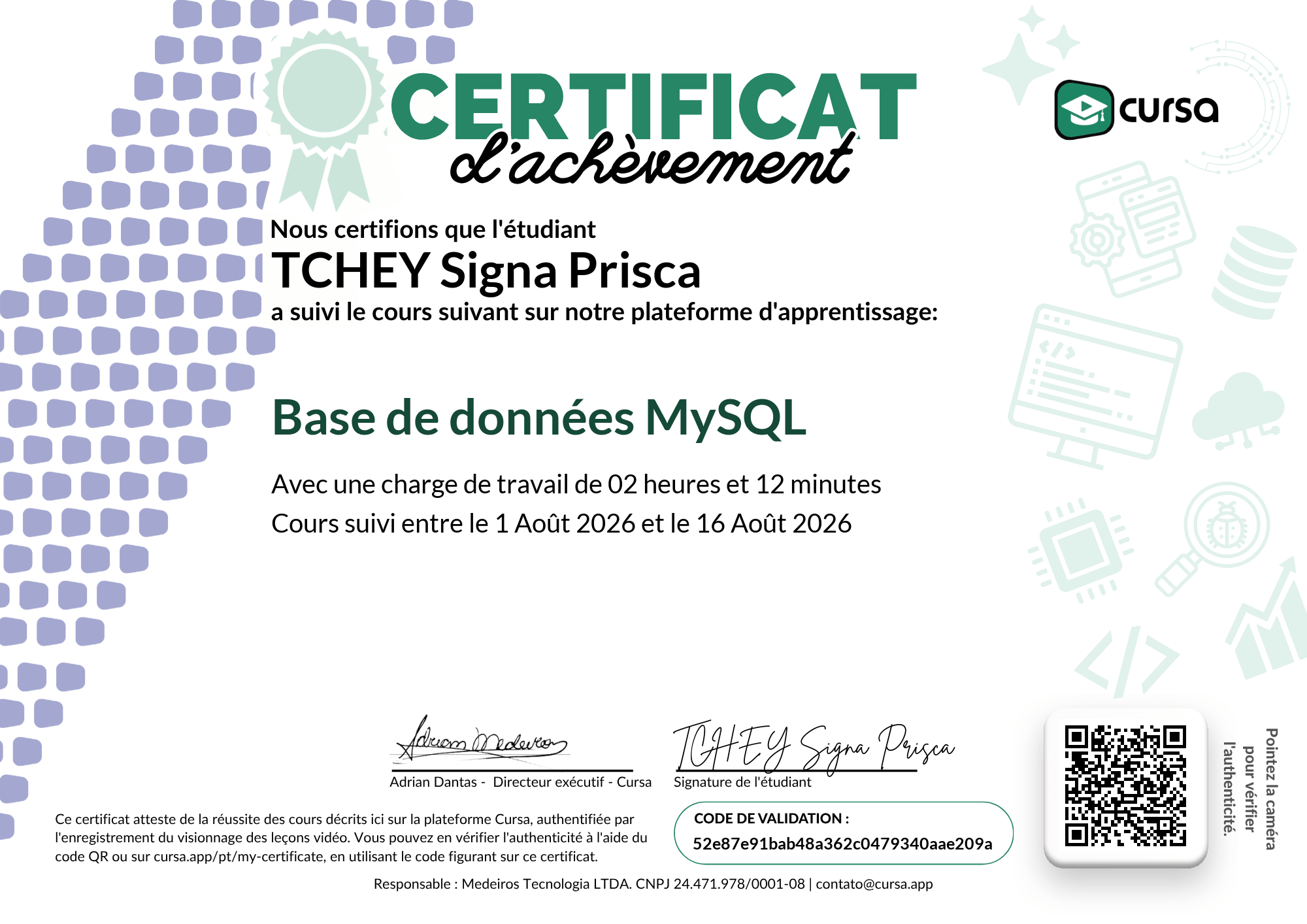 Image de mon certificat de fin de cours gratuit.