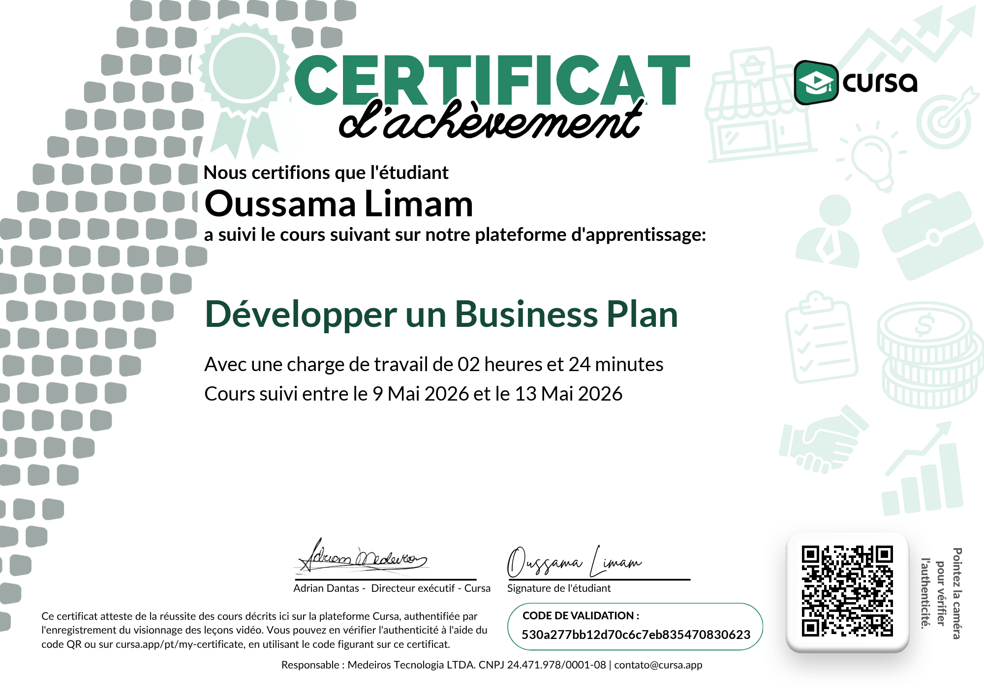 Image de mon certificat de fin de cours gratuit.
