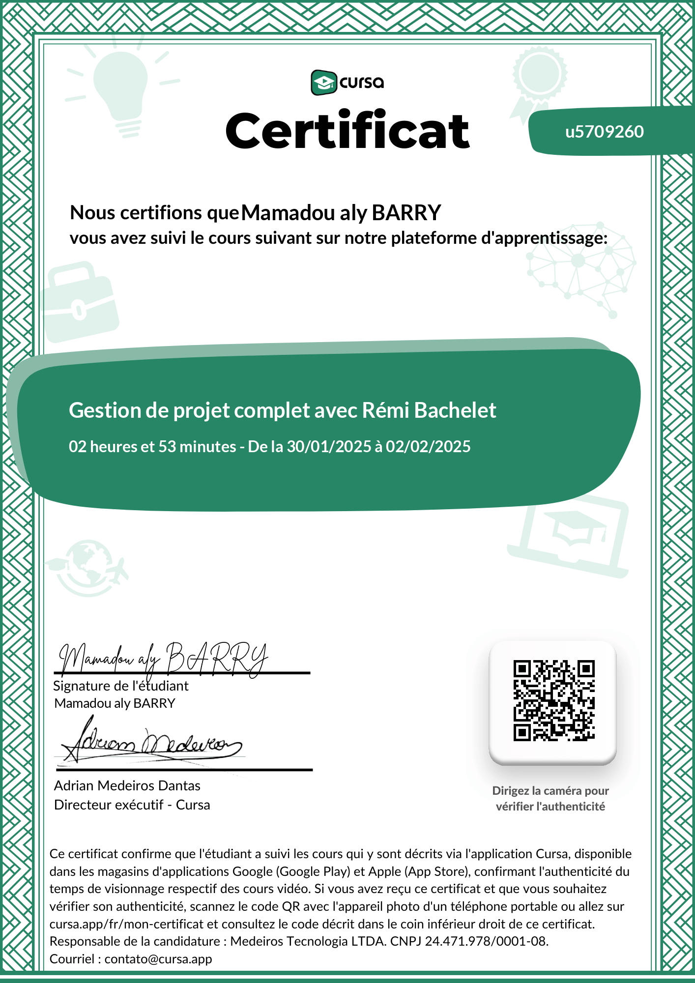 Image de mon certificat de fin de cours gratuit.