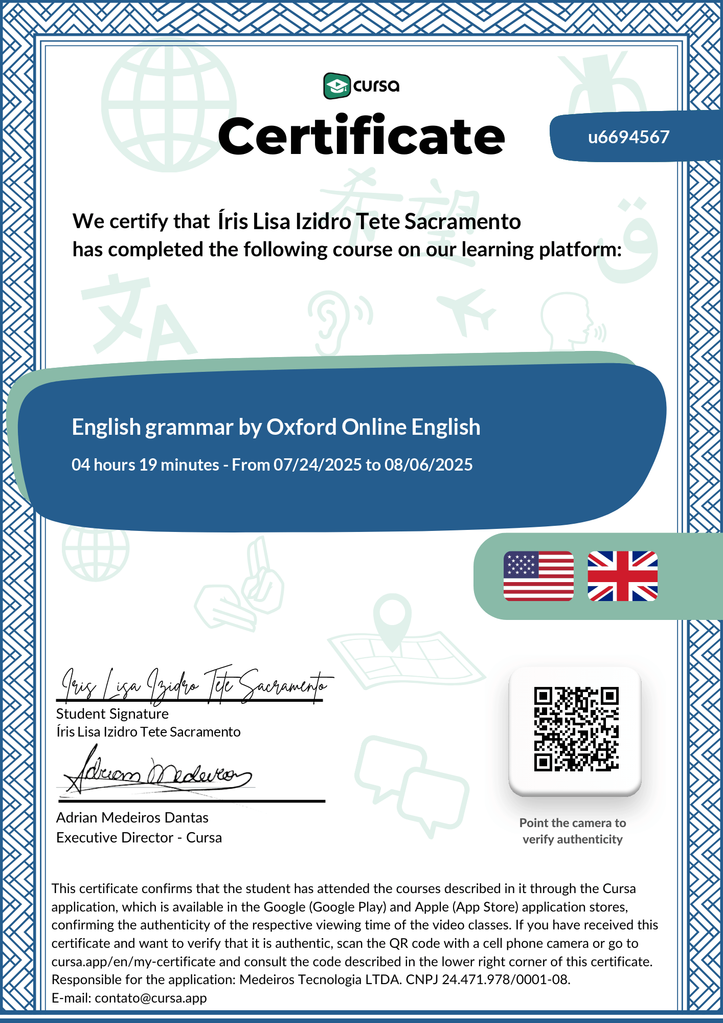 Image of my free Course Completion Certificate.