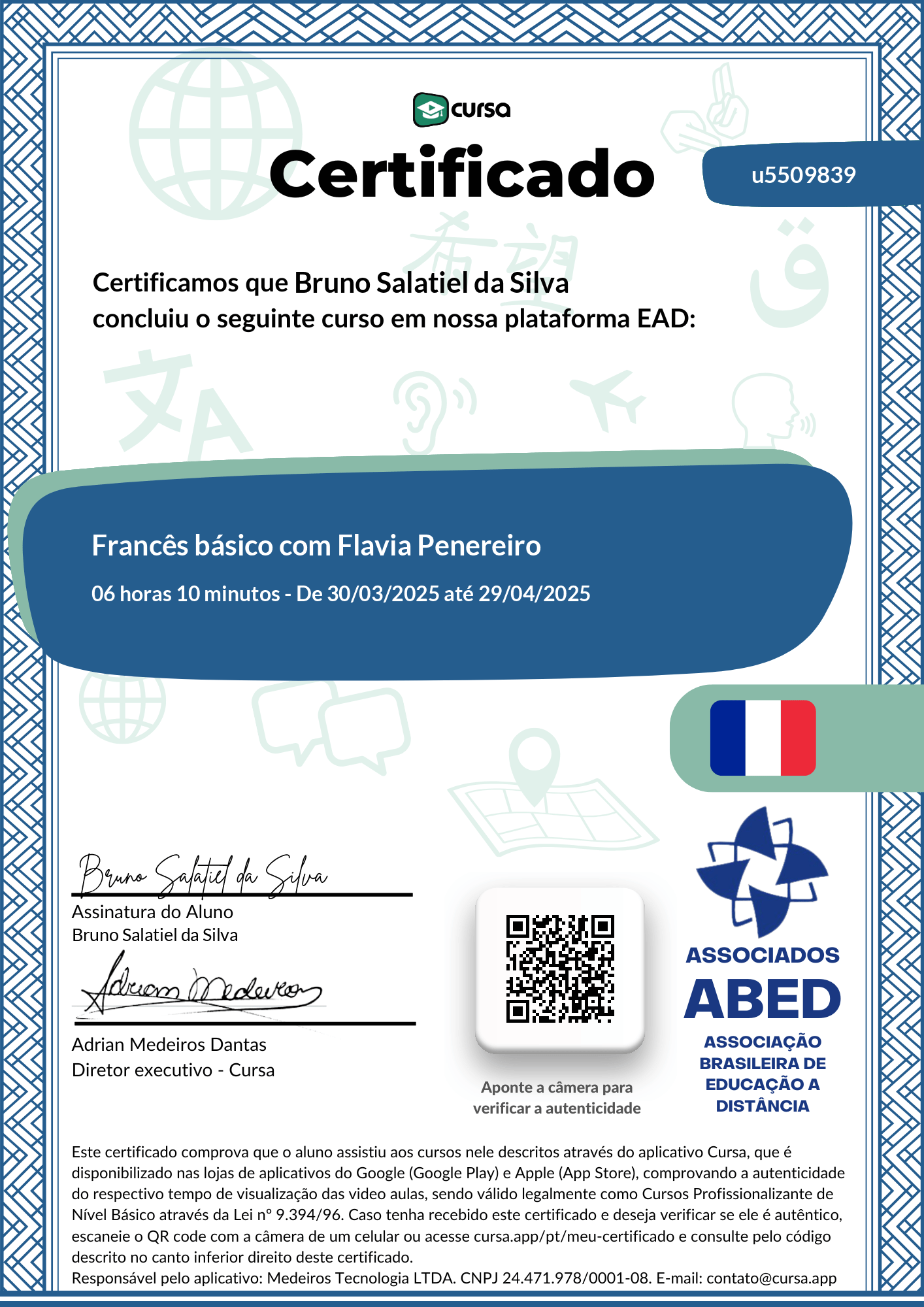 Imagem do meu Certificado gratuito de conclusão de curso.