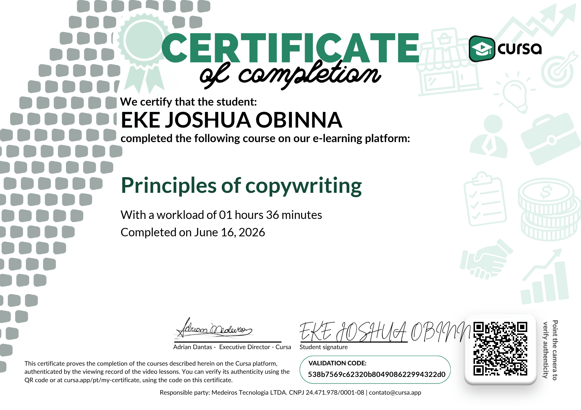 Image of my free Course Completion Certificate.