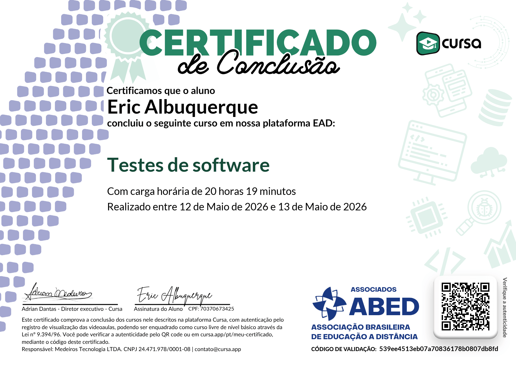 Imagem do meu Certificado gratuito de conclusão de curso.