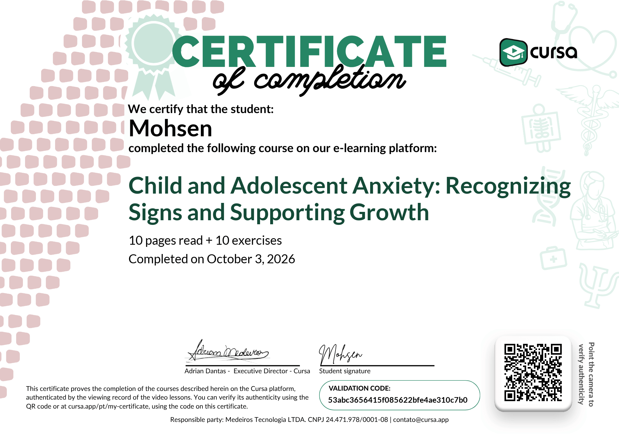 Image of my free Course Completion Certificate.