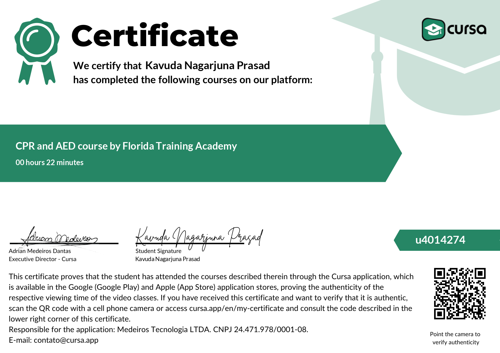 Image of my free Course Completion Certificate.