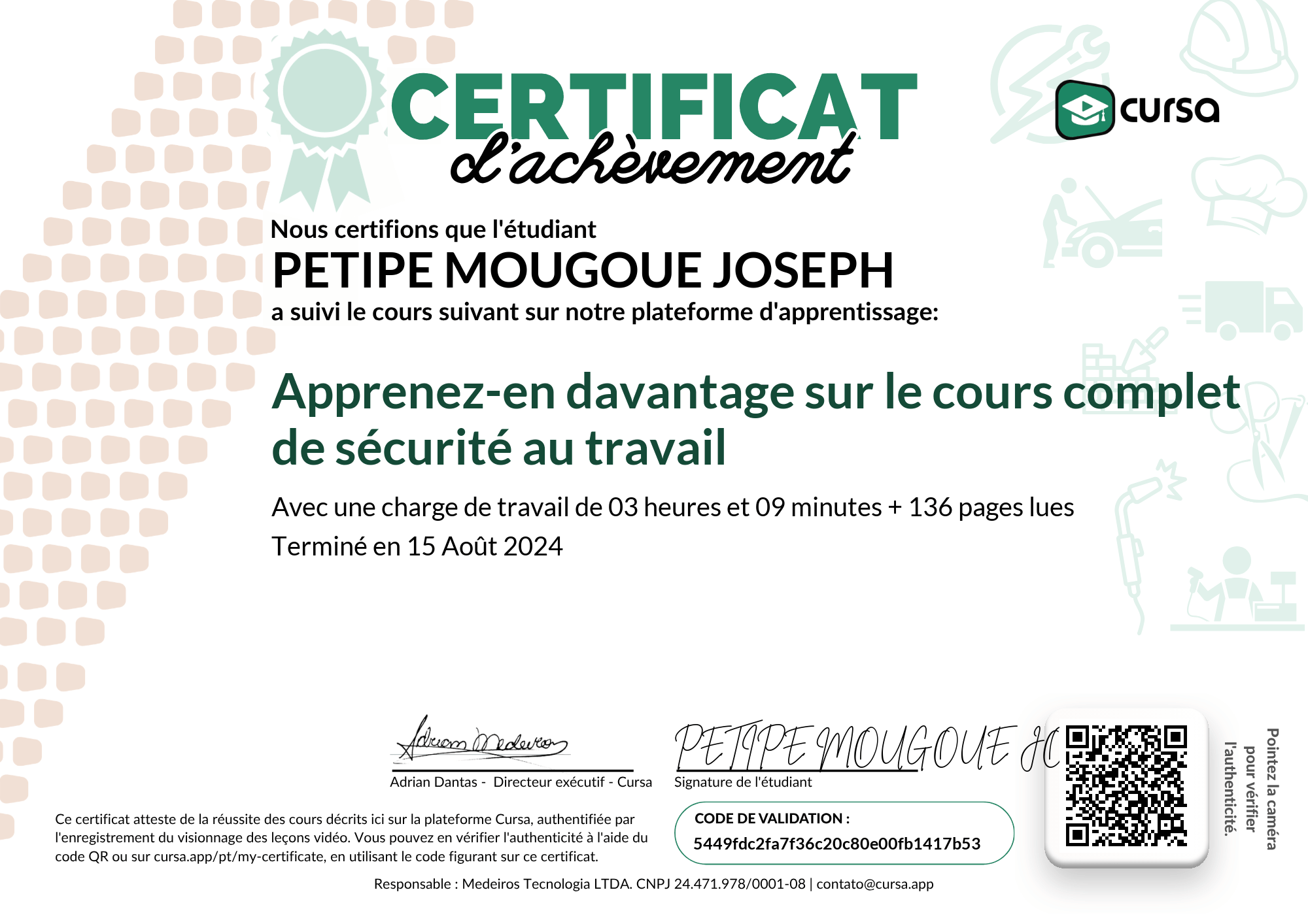 Image de mon certificat de fin de cours gratuit.
