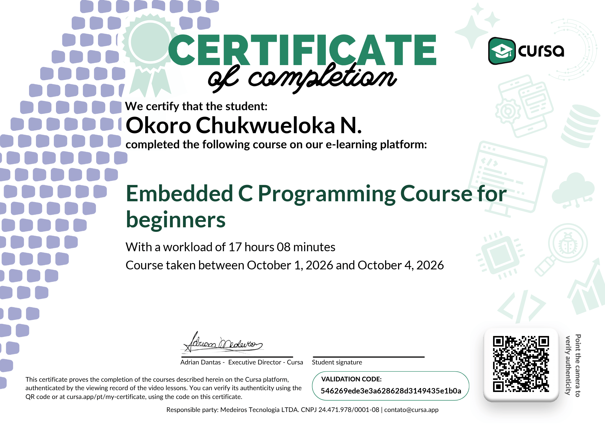 Image of my free Course Completion Certificate.