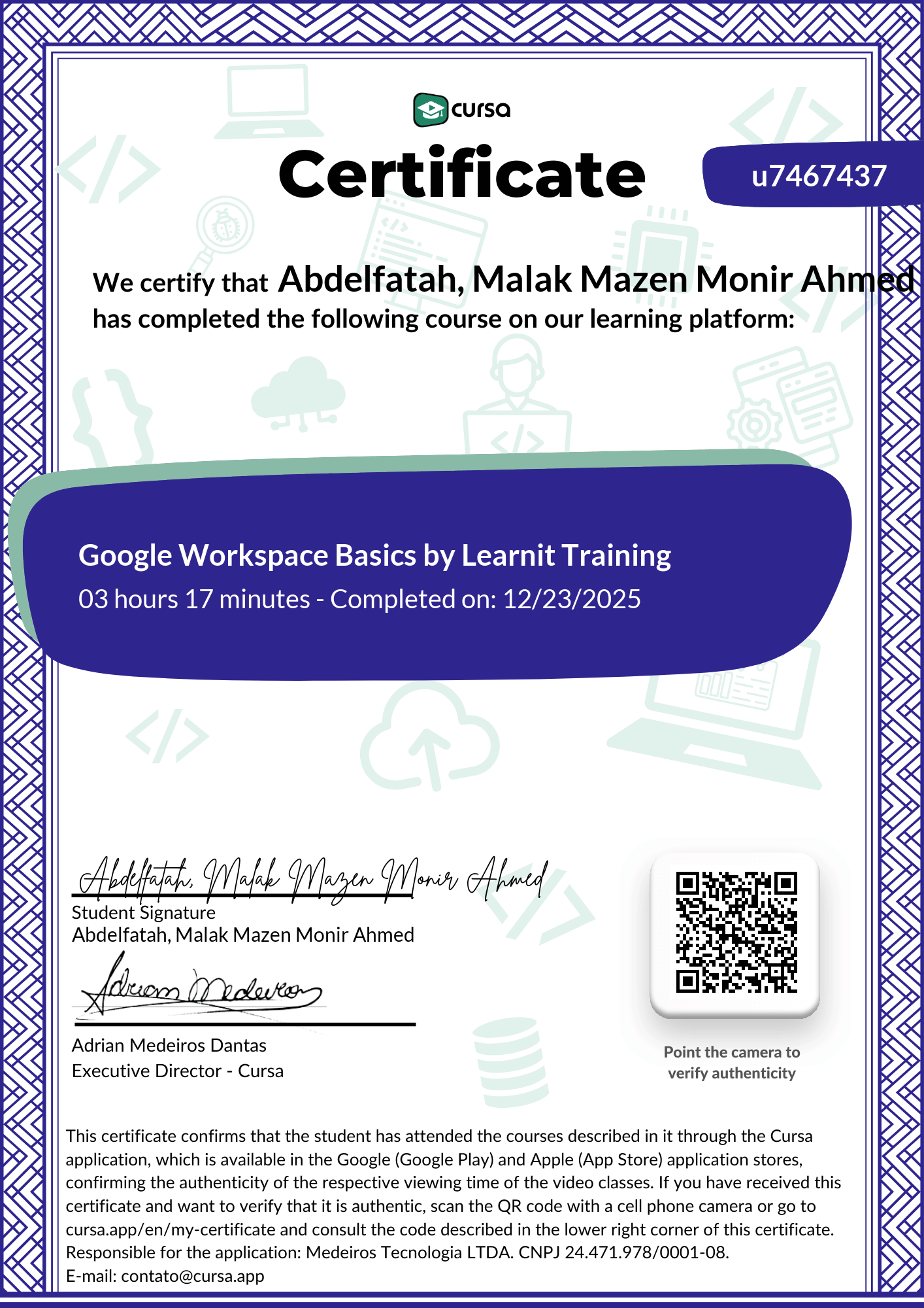Image of my free Course Completion Certificate.