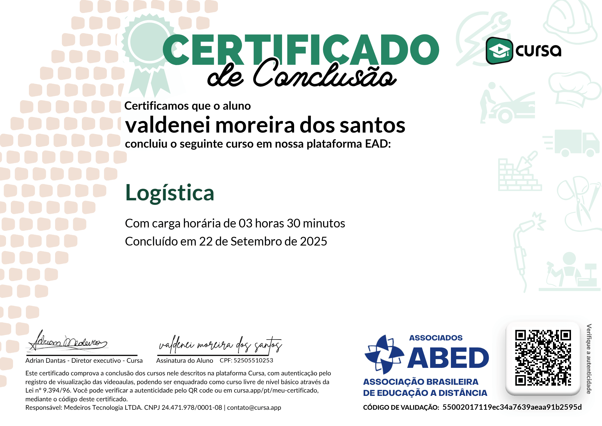 Imagem do meu Certificado gratuito de conclusão de curso.