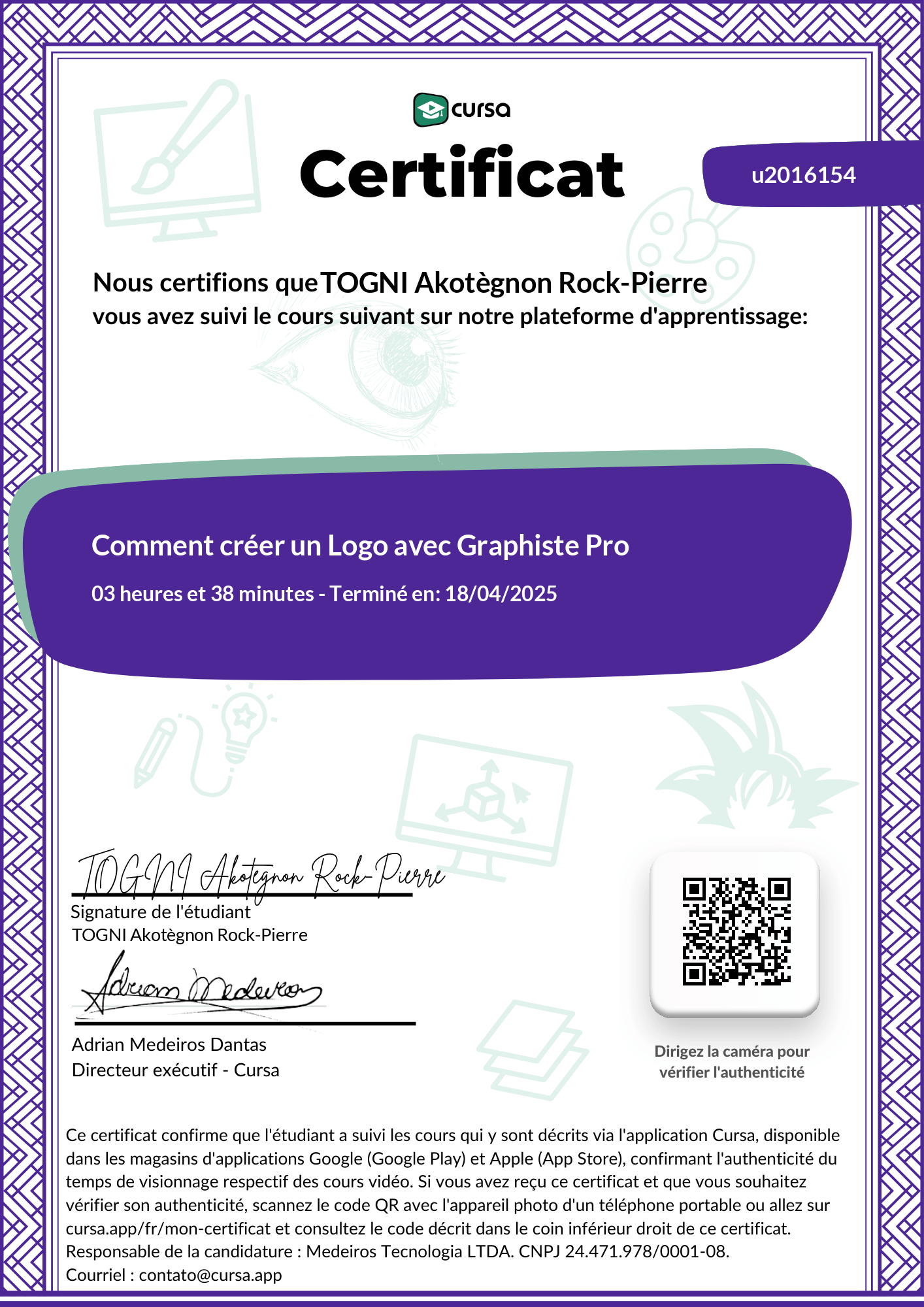 Image de mon certificat de fin de cours gratuit.