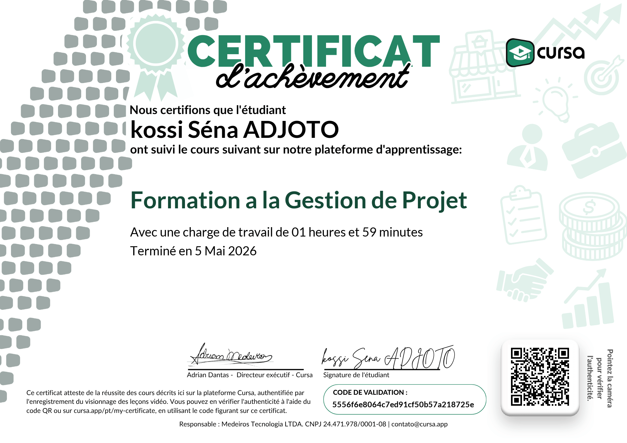 Image de mon certificat de fin de cours gratuit.