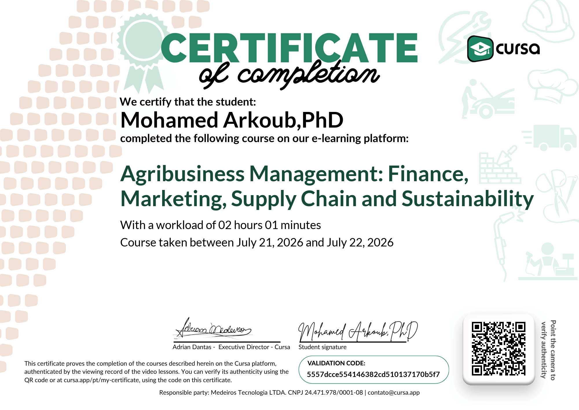 Image of my free Course Completion Certificate.