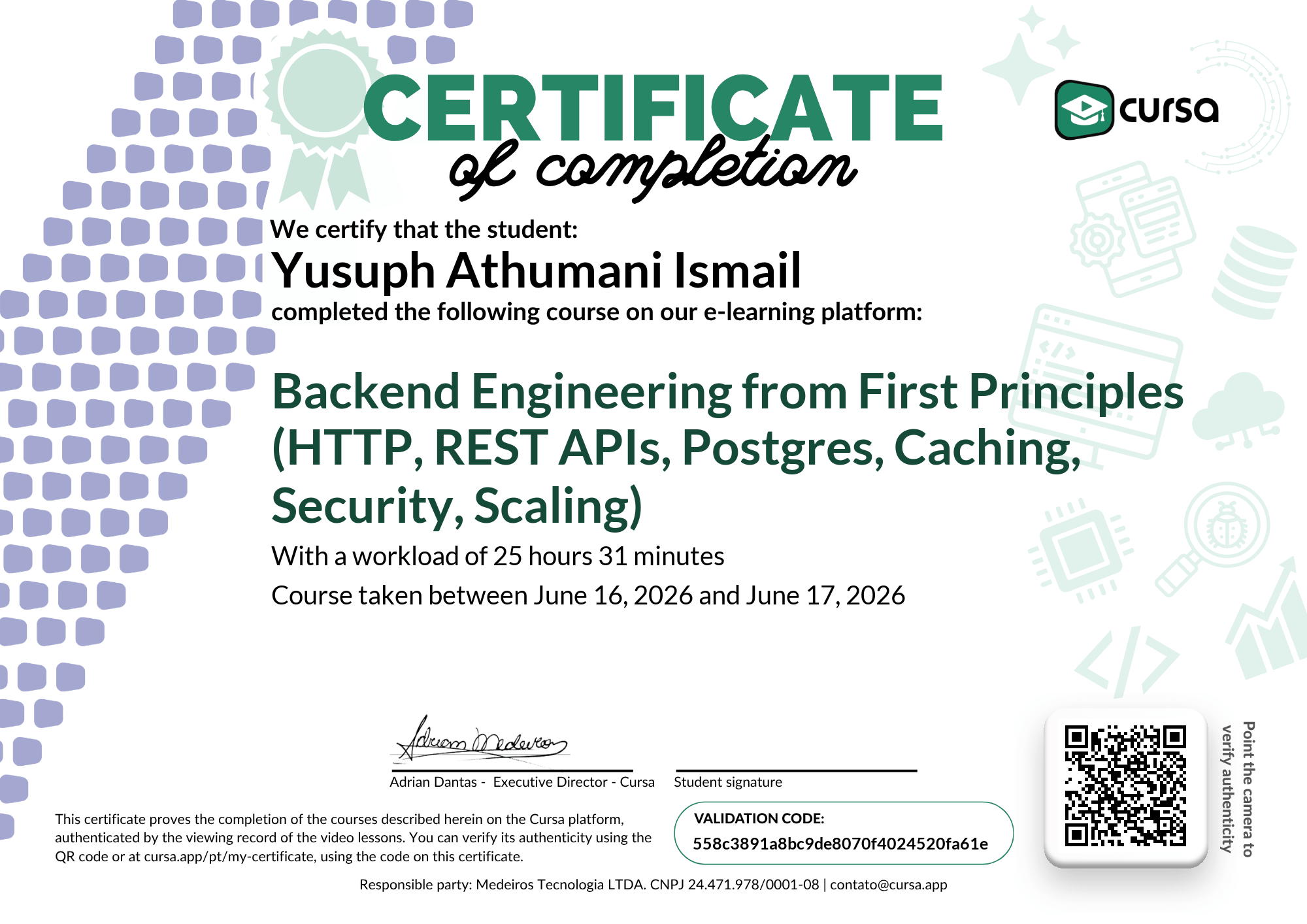 Image of my free Course Completion Certificate.