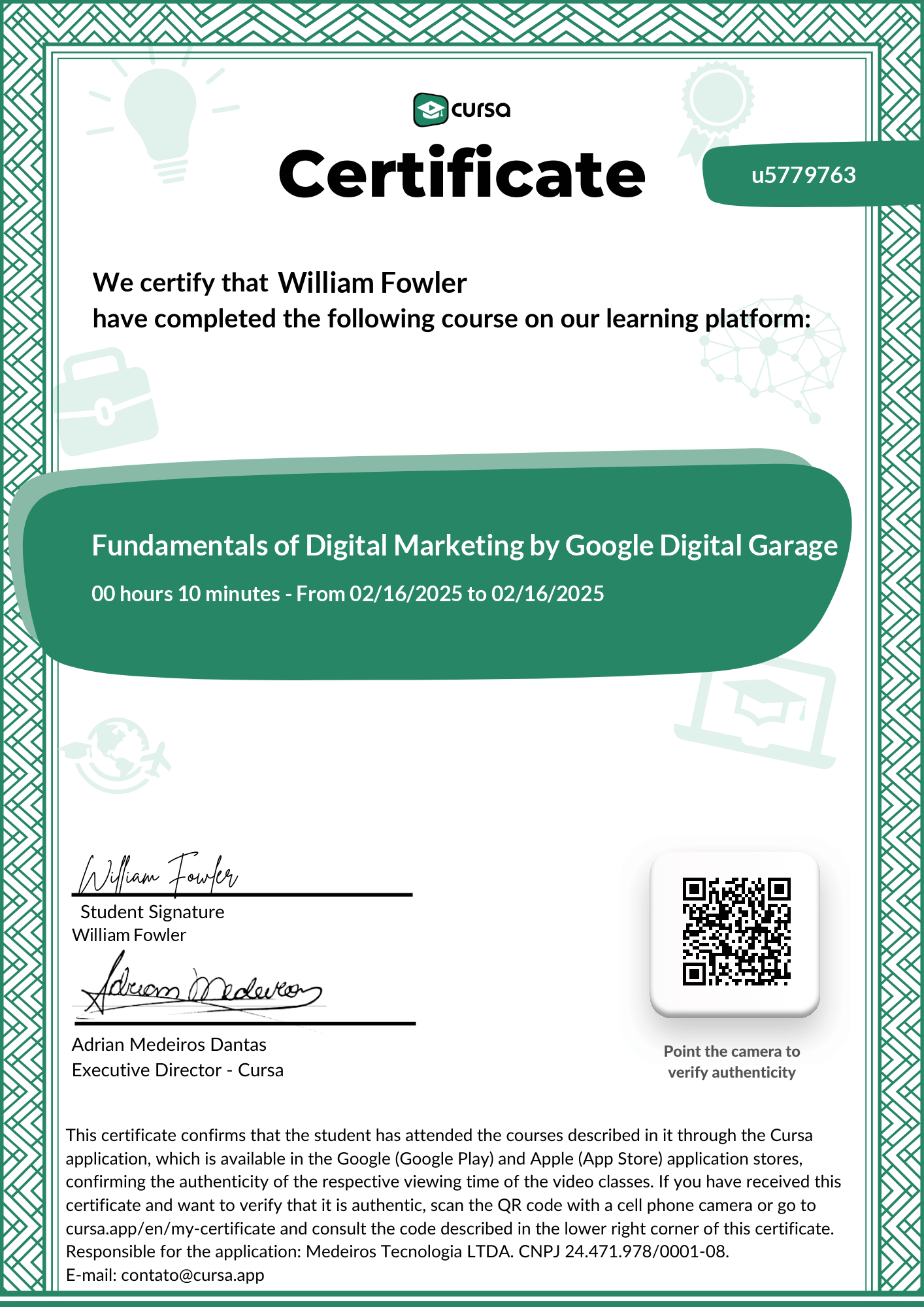 Image of my free Course Completion Certificate.