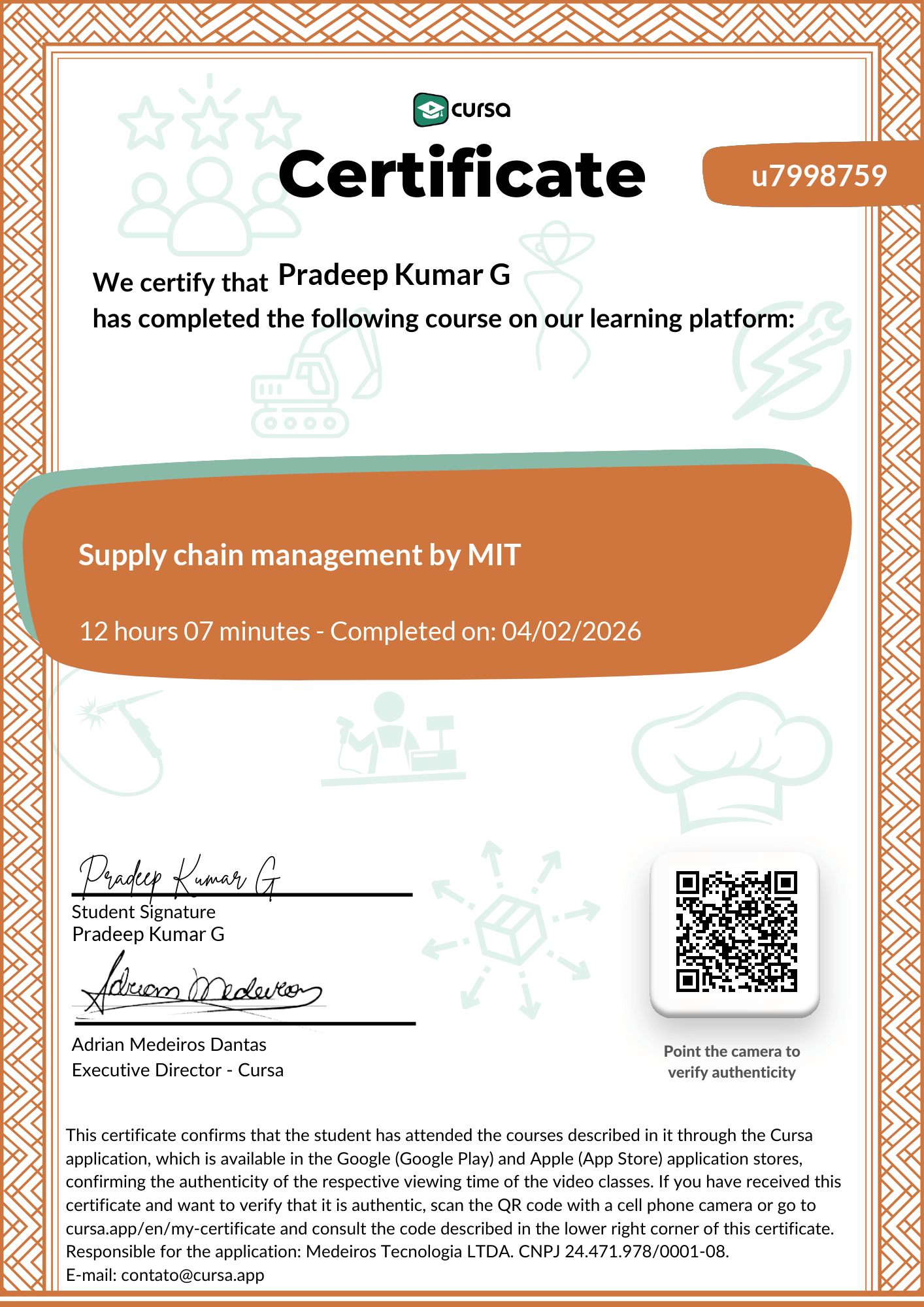 Image of my free Course Completion Certificate.