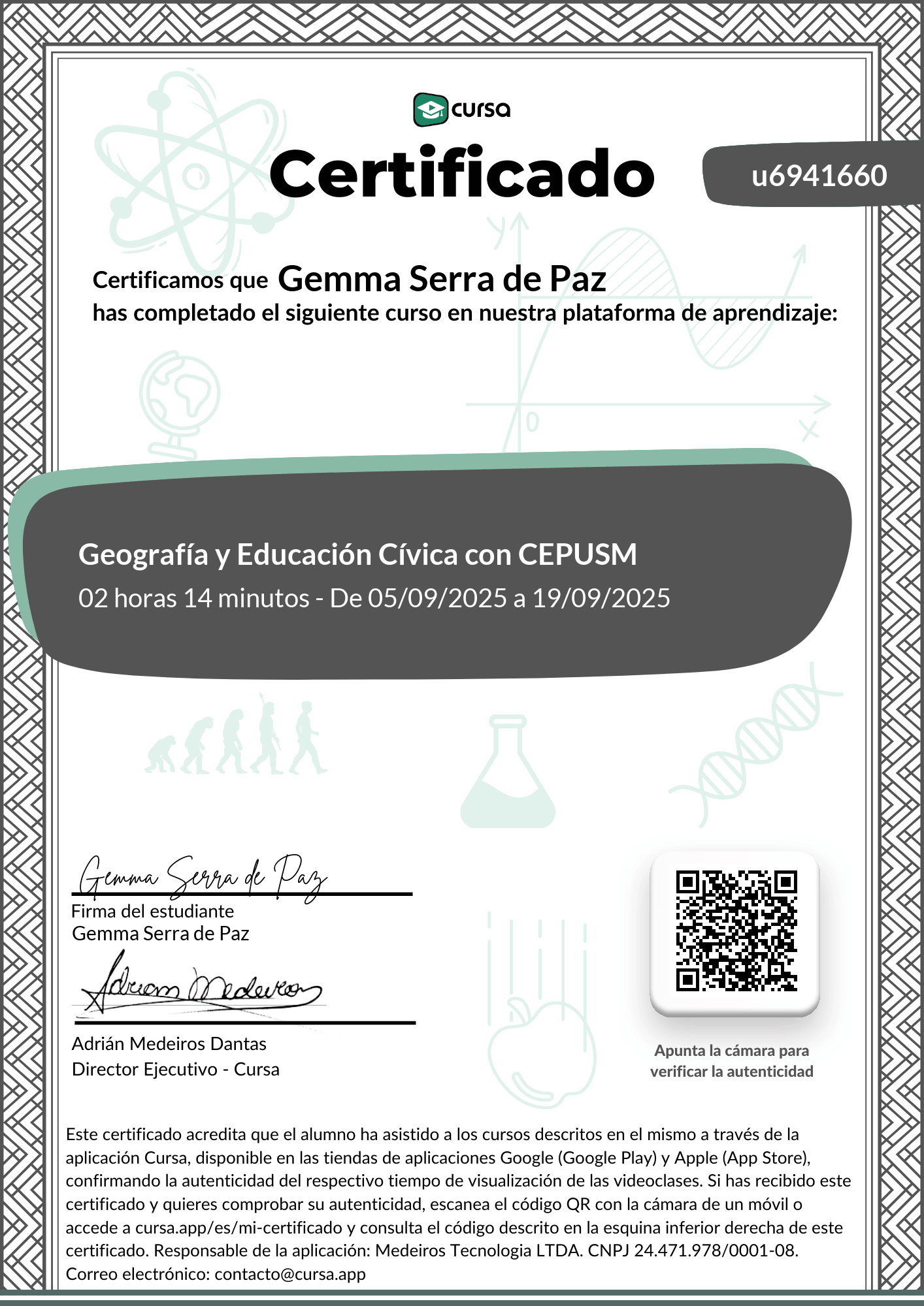 Imagen de mi Certificado de finalización del curso gratuito.