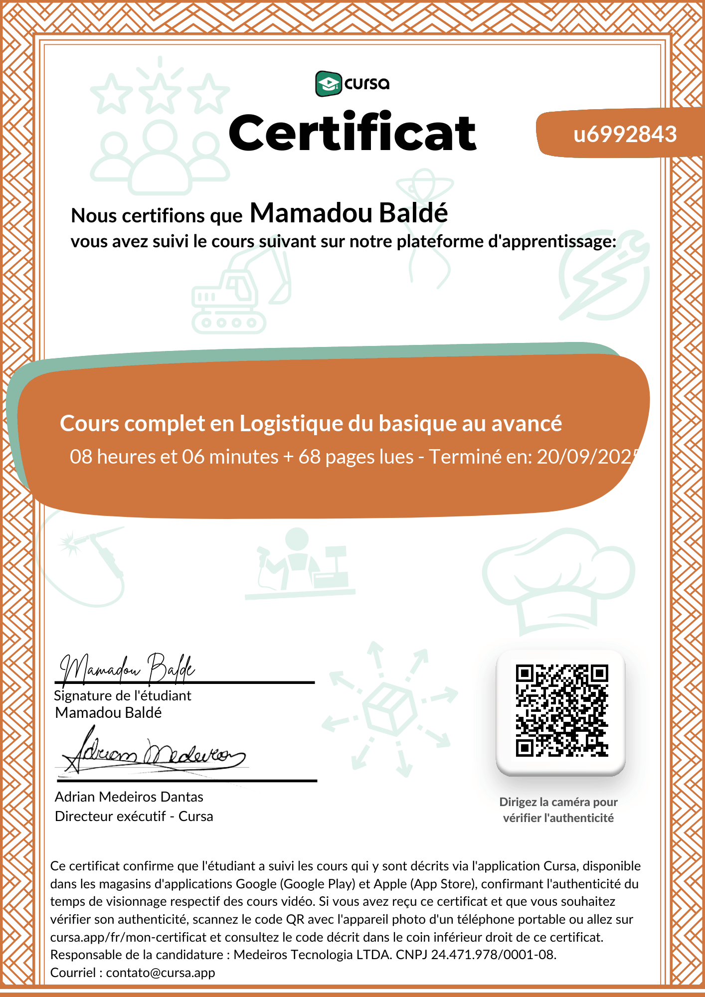 Image de mon certificat de fin de cours gratuit.