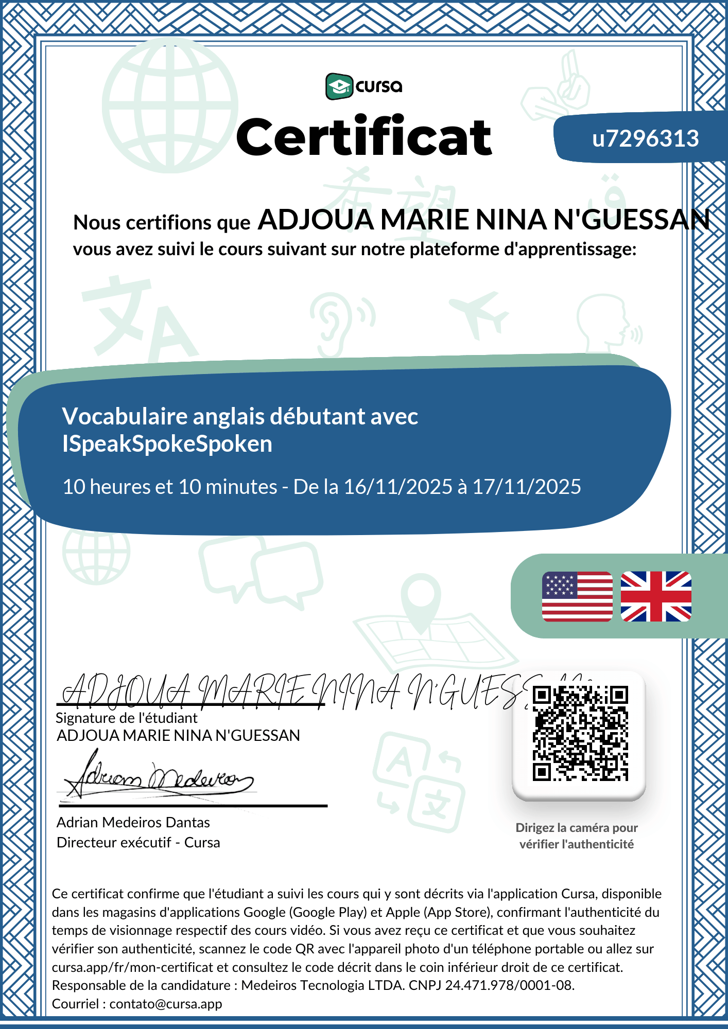 Image de mon certificat de fin de cours gratuit.