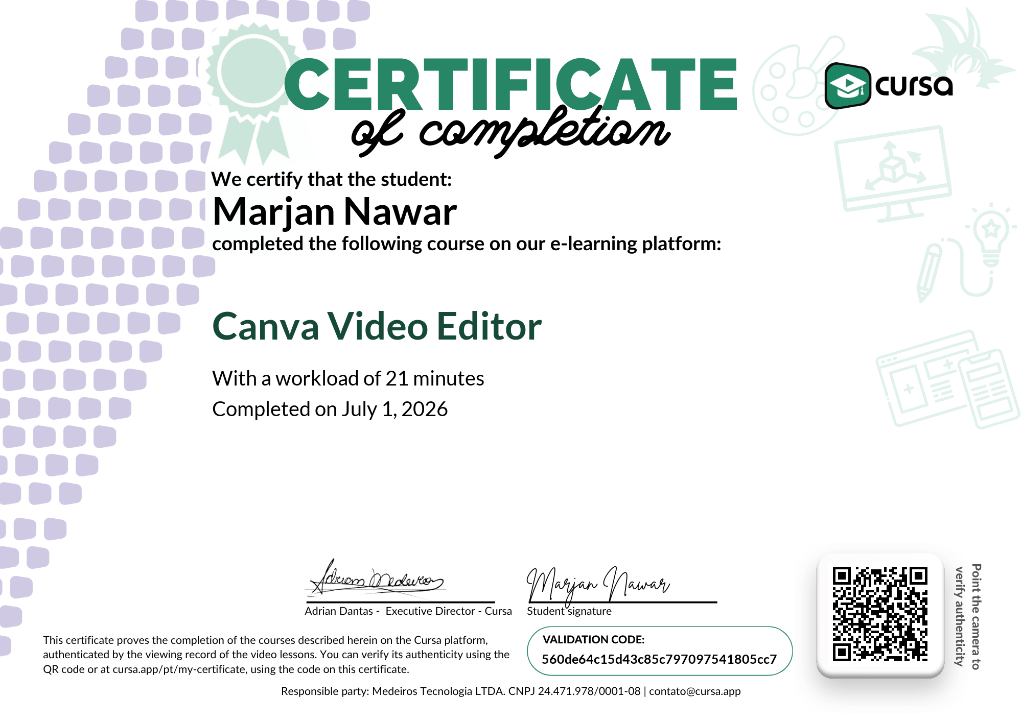 Image of my free Course Completion Certificate.