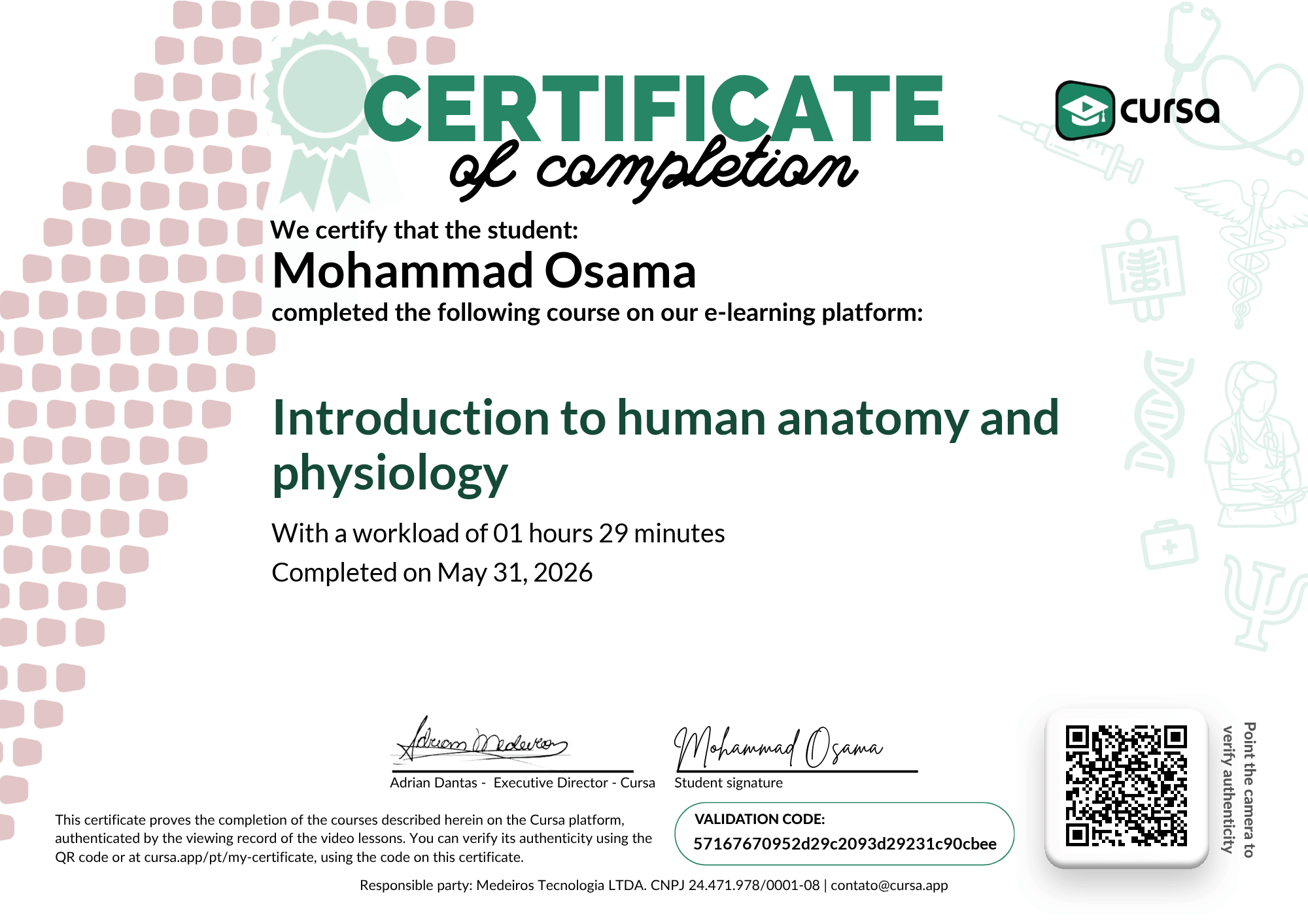 Image of my free Course Completion Certificate.