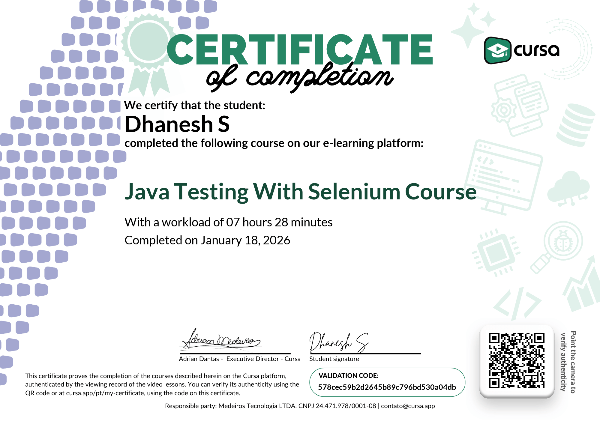 Image of my free Course Completion Certificate.