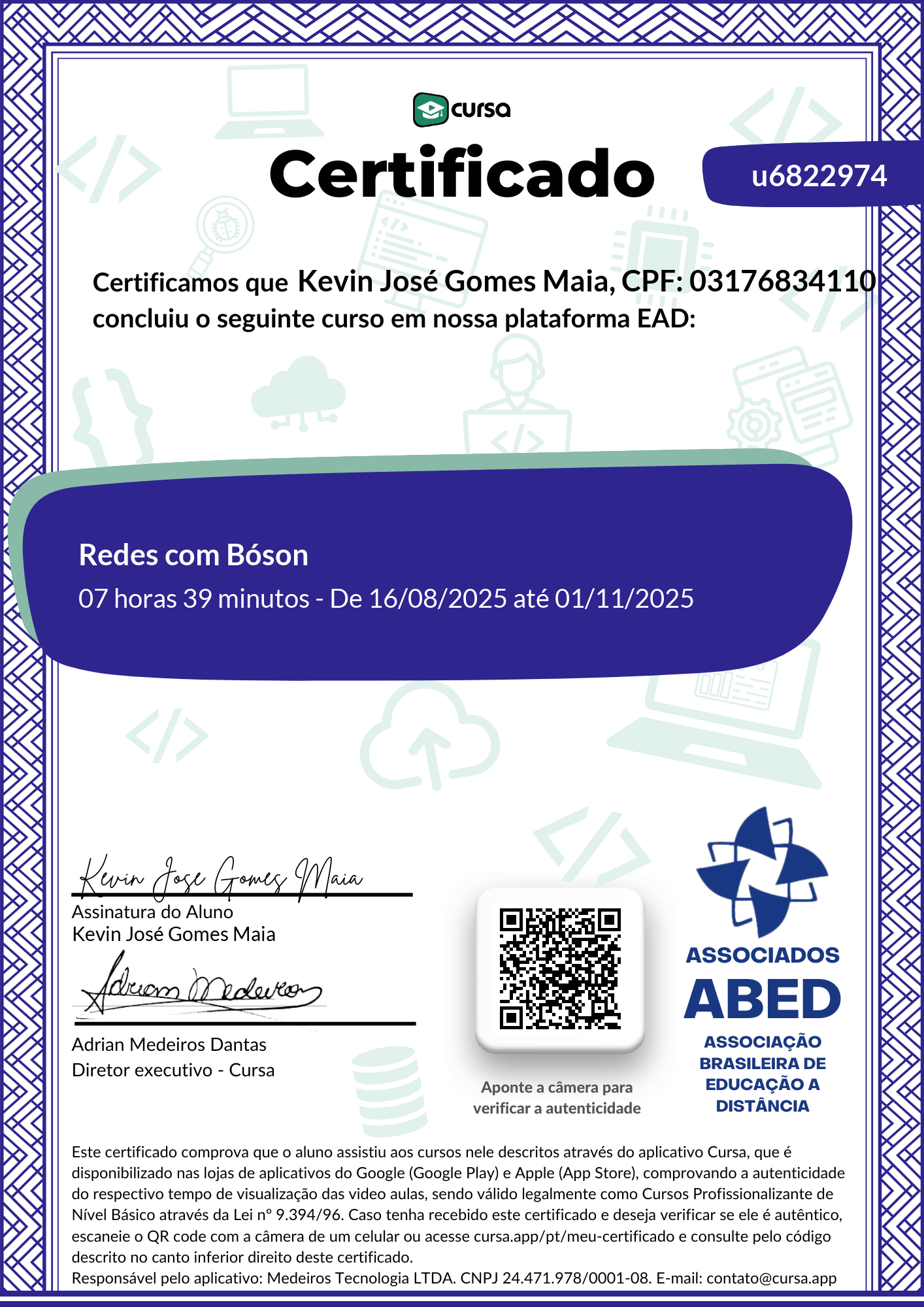 Imagem do meu Certificado gratuito de conclusão de curso.
