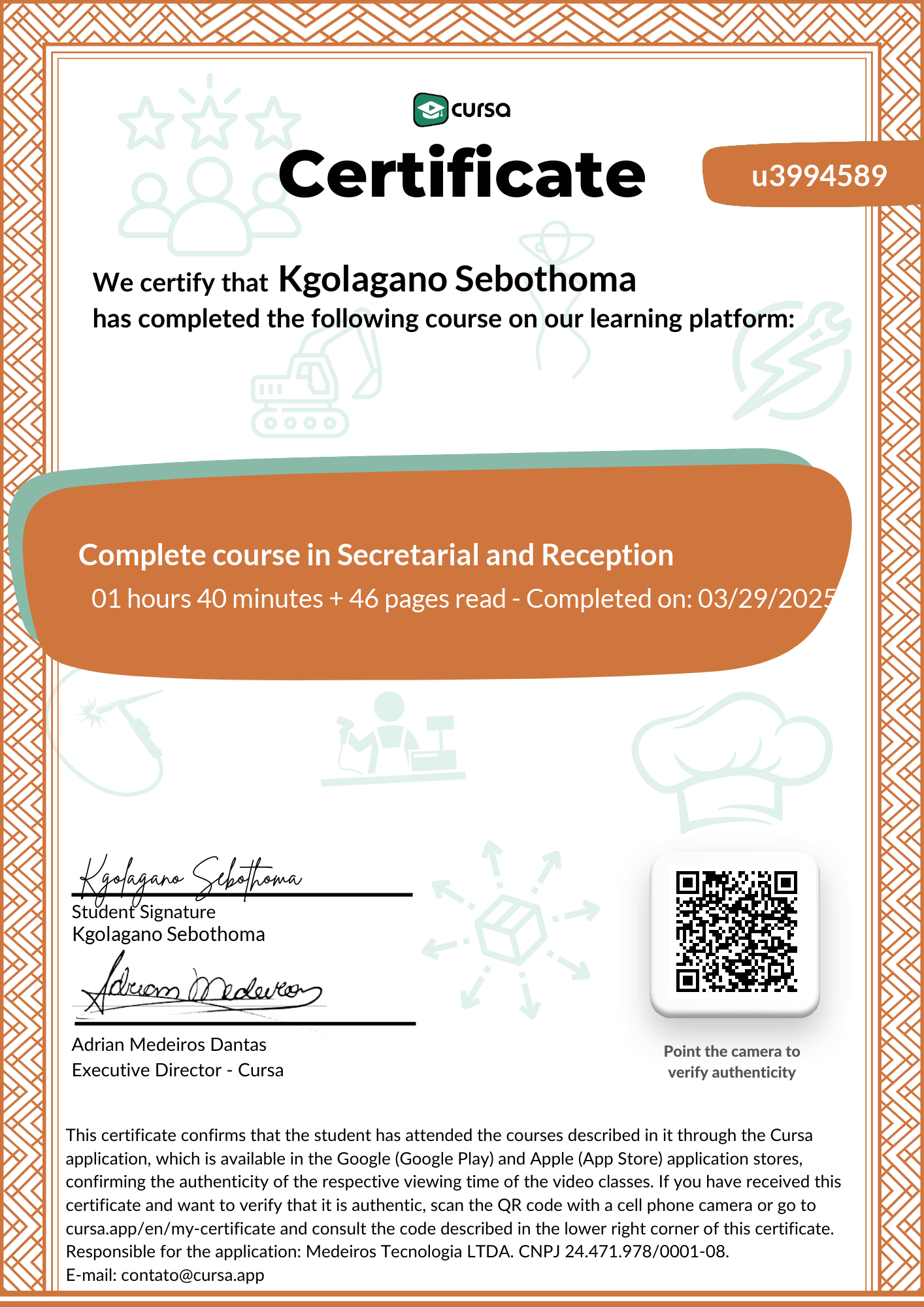 Image of my free Course Completion Certificate.