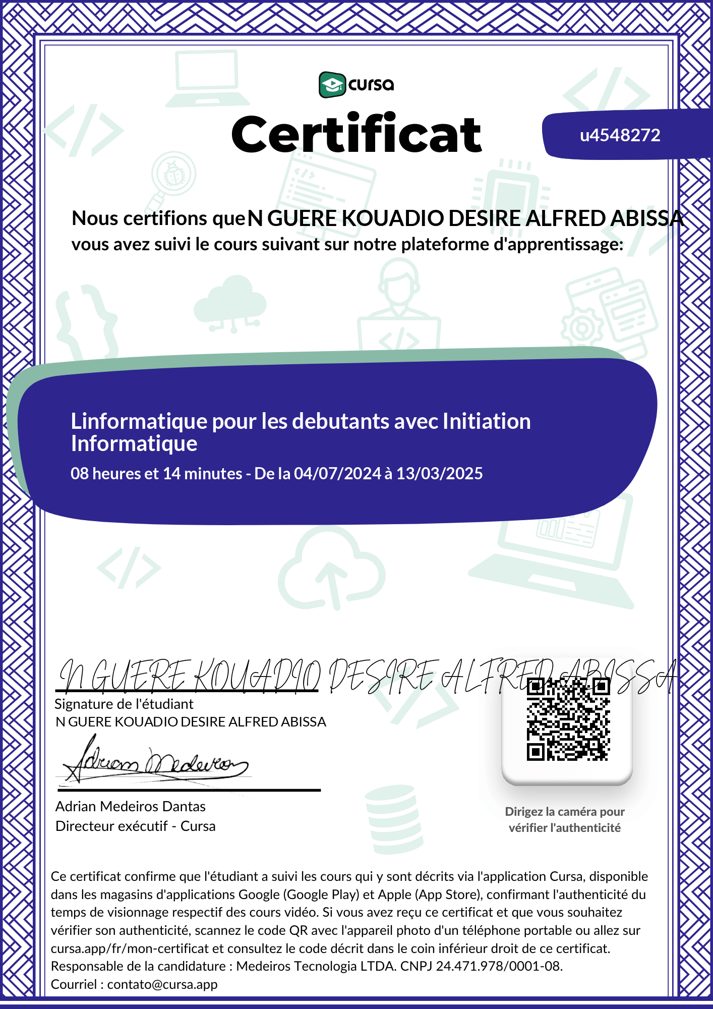 Image de mon certificat de fin de cours gratuit.