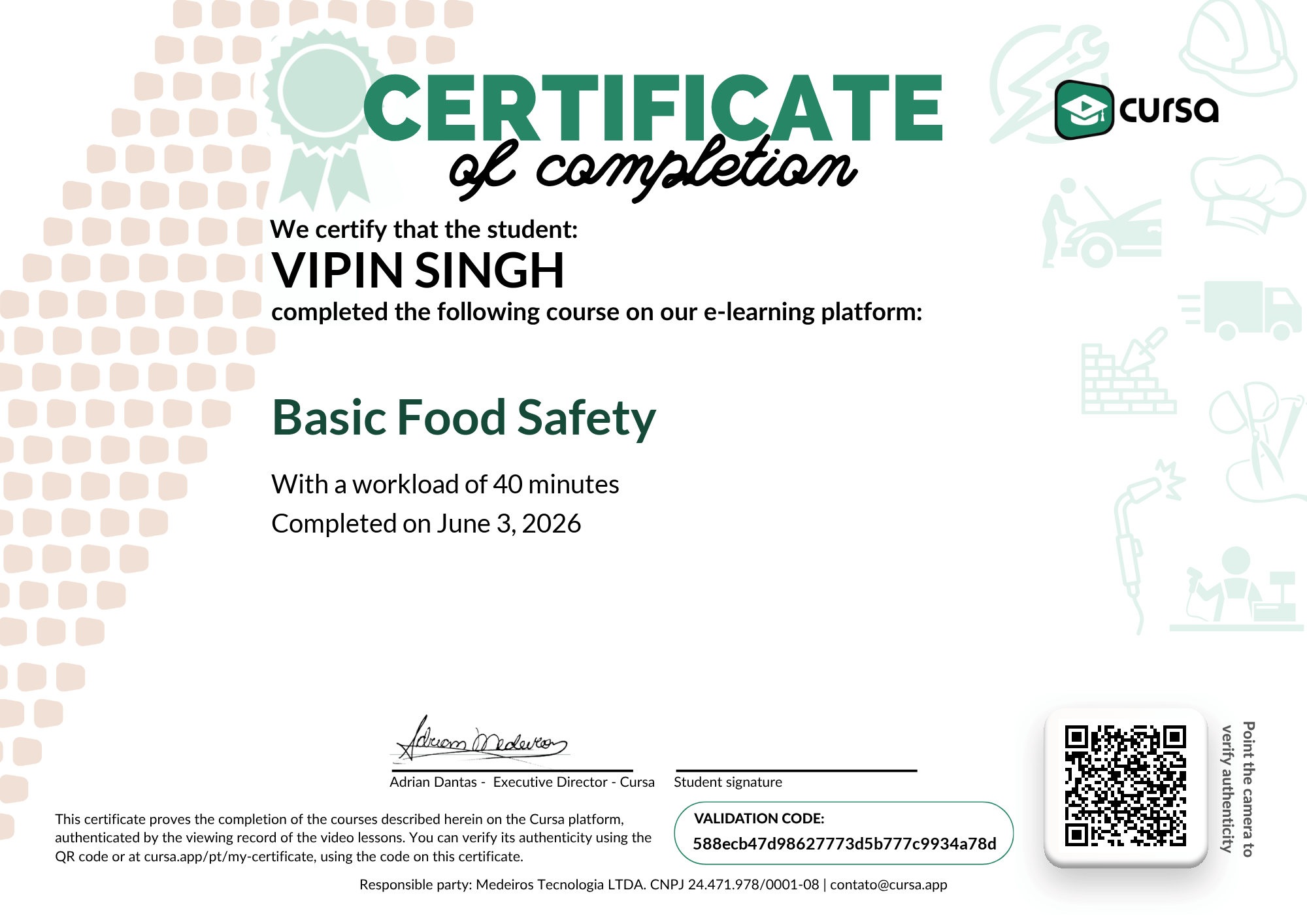 Image of my free Course Completion Certificate.