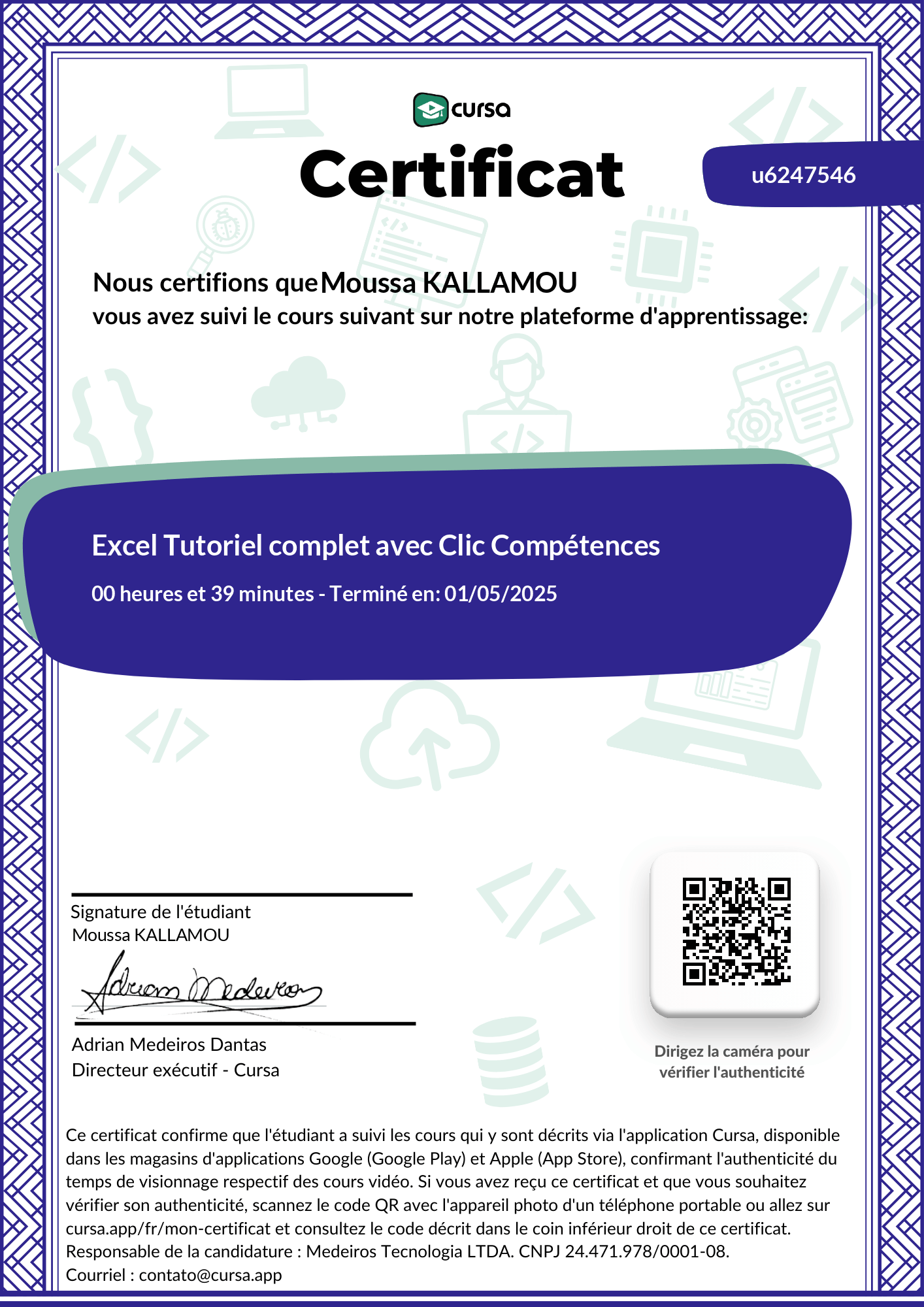 Image de mon certificat de fin de cours gratuit.