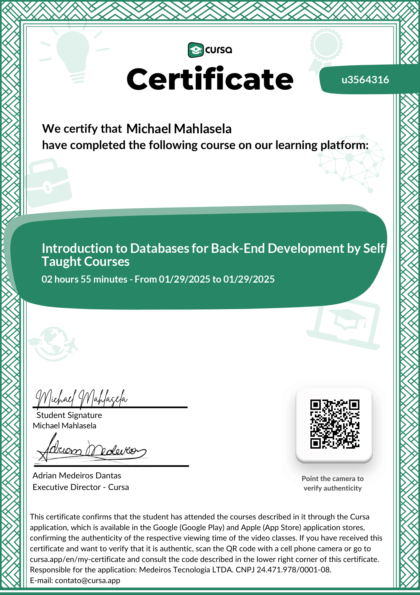 Image of my free Course Completion Certificate.
