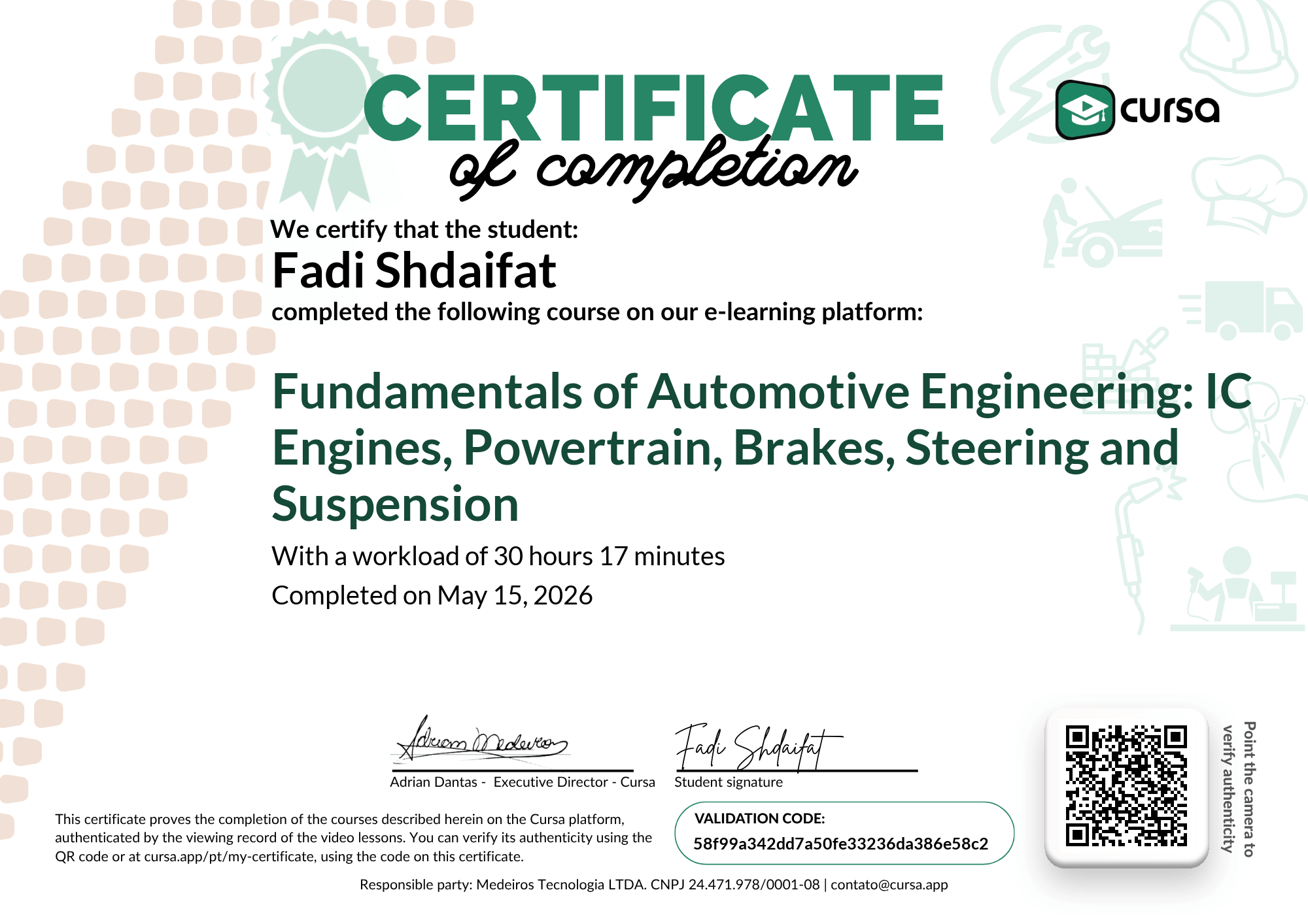 Image of my free Course Completion Certificate.