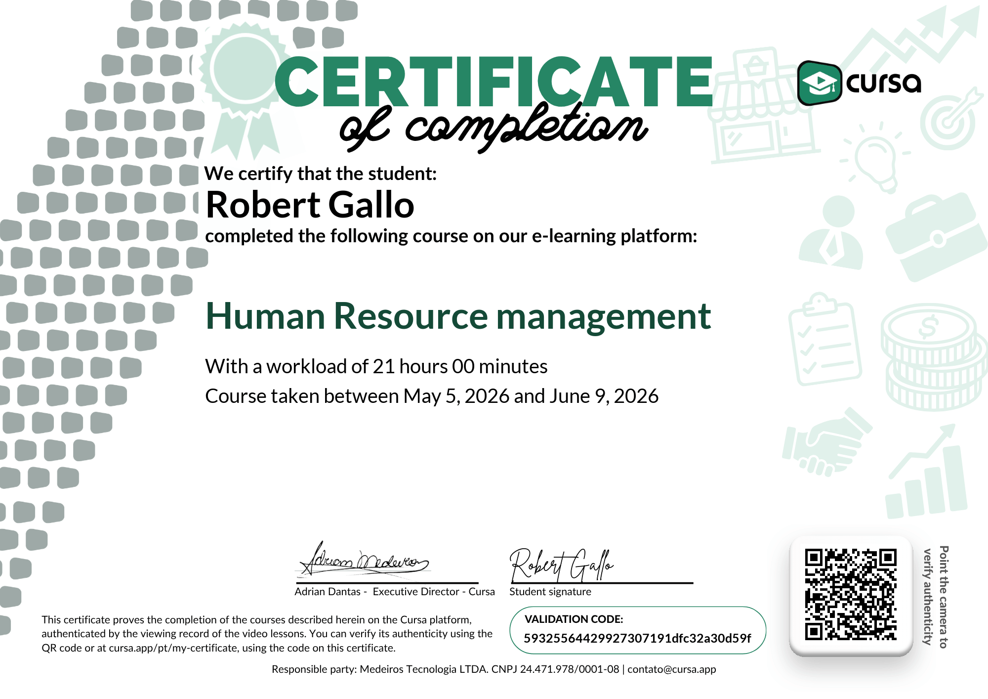 Image of my free Course Completion Certificate.