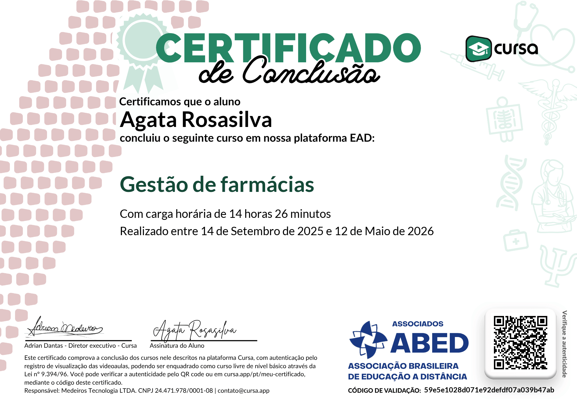 Imagem do meu Certificado gratuito de conclusão de curso.