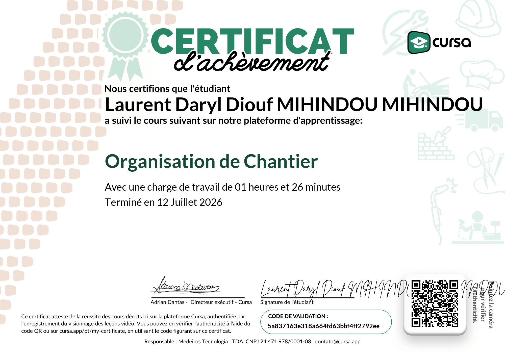 Image de mon certificat de fin de cours gratuit.